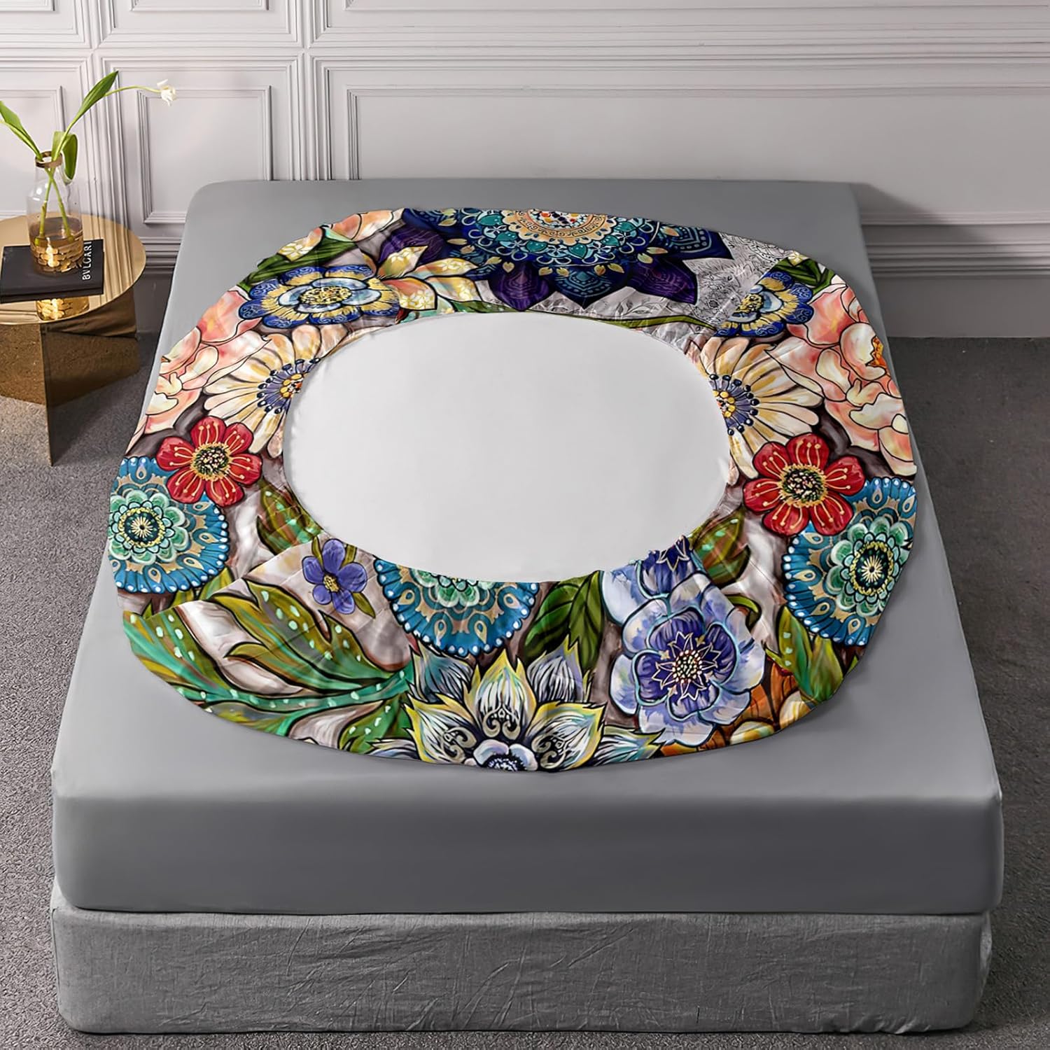 Nttopship Boho Floral Bedding Sheets & Pillowcases Soft Microfiber Fitted Sheet Deep Pockets Fitted Sheet Room Decor Colorful Bohemian Flower Queen Size with 2 Pillowcases for Kids Boys and Girls