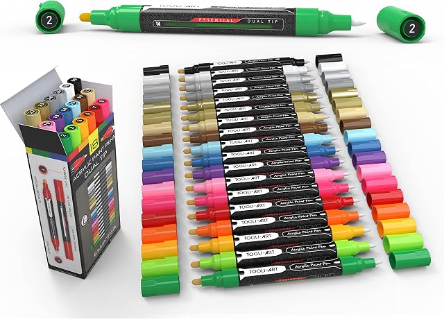 TOOLI-ART Acrylic Paint Markers Paint Pens Set Essential Color Series For Rock Painting, Canvas, Mugs, Plastic, Metal, Glass Paint, Fabric, Wood, DIY. Non Toxic, Quick Dry,Waterbased (18 DOUBLE SIDED)