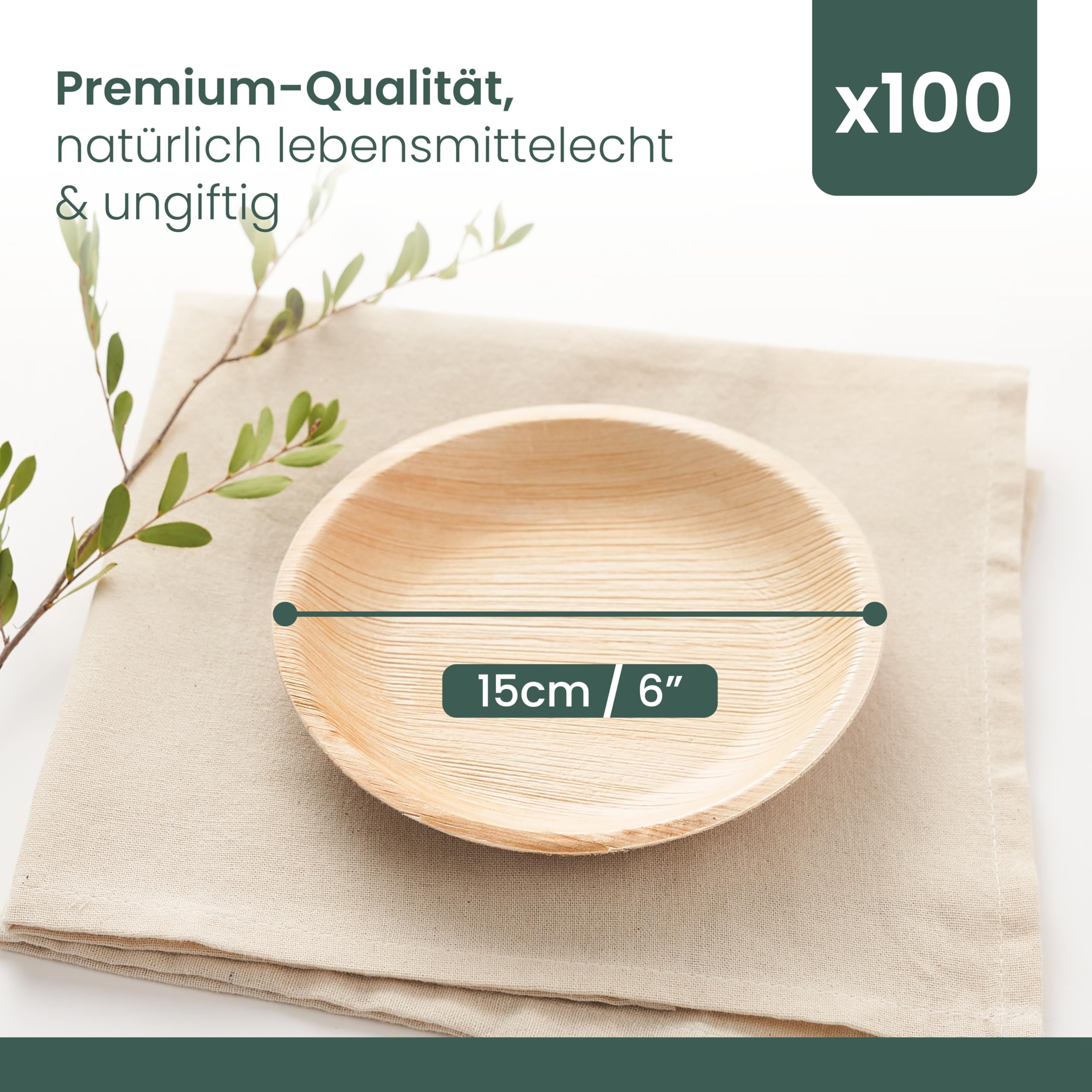 HAAGO 100 Einweg Palmblatt Teller 15 cm/6" – Biologisch Abbaubare & Kompostierbare Kleine Holzteller für Desserts, Vorspeisen & Beilagen – Mikrowellen- & Gefrierschrankgeeignet