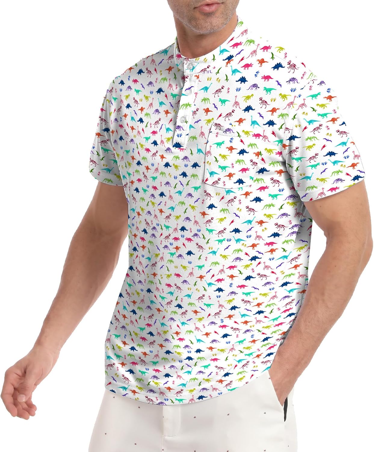 Golf Shirts for Men Printed Henley Shirts Collarless Golf Polo Shirt Short Sleeve with Pocket