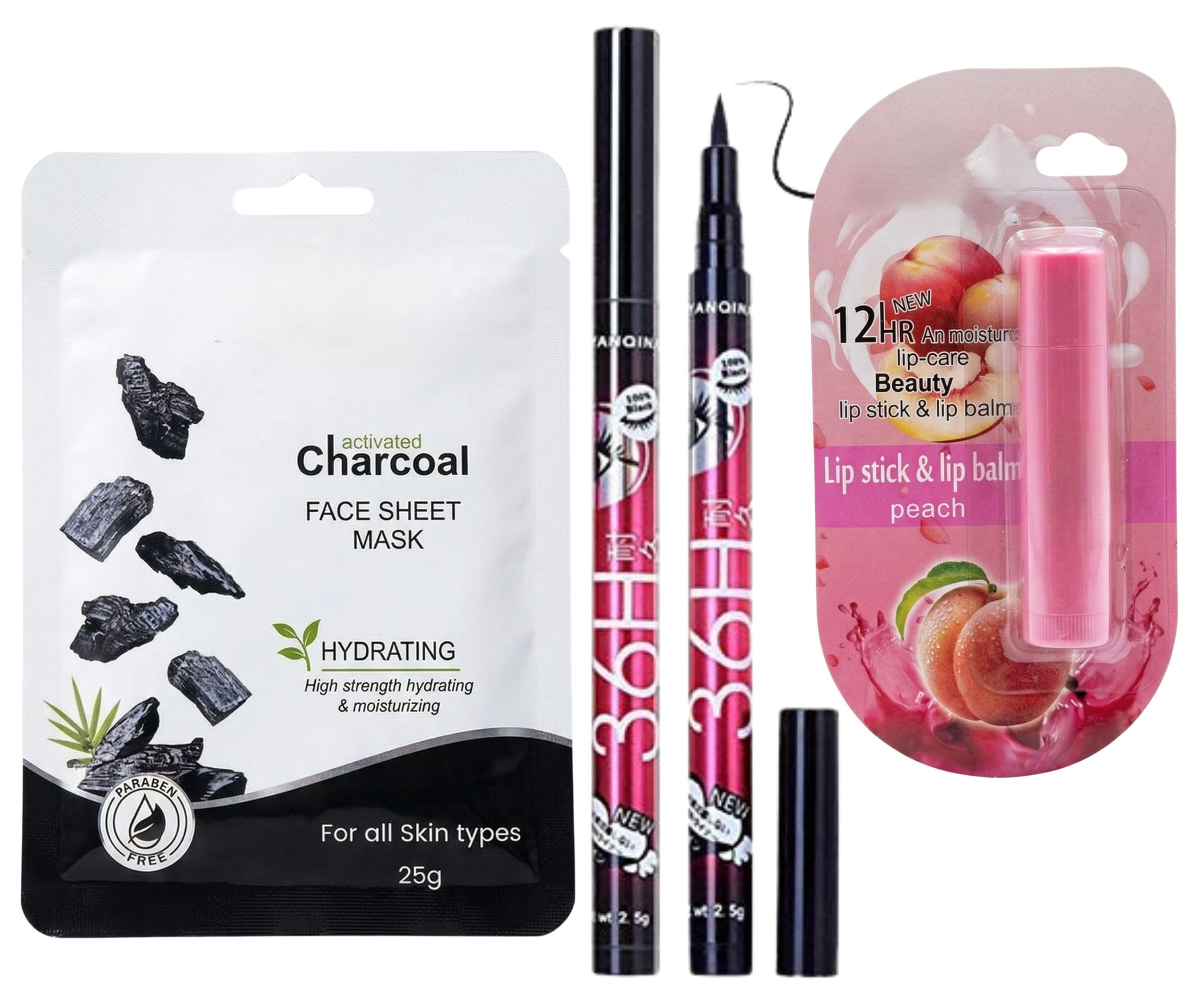 professional 3-in-1 skin detox & eye makeup combo kit for women | includes hydrating activated charcoal face sheet mask pack, 12hr moisture peach lip care balm stick & waterproof 36h liquid eyeliner pen | complete daily grooming set