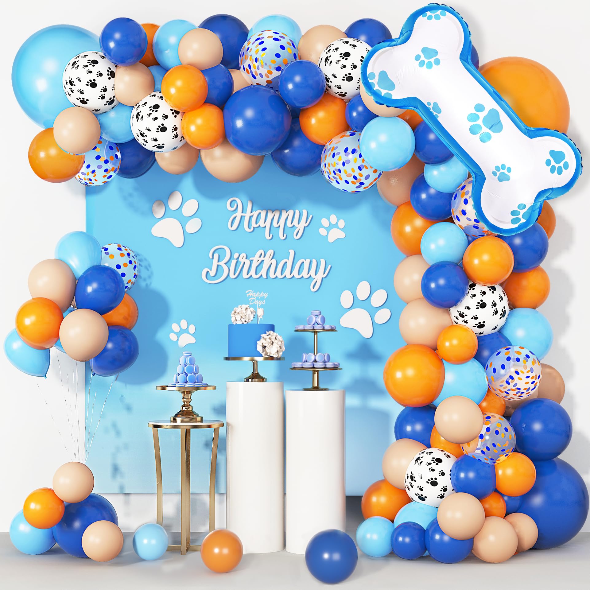 121Pcs Blue Birthday Party Supplies Balloons Garland Kit, Blush Nude Blue Orange Dog Paw Balloons Arch Bone Balloon for Boys Girls Baby Blue Shower