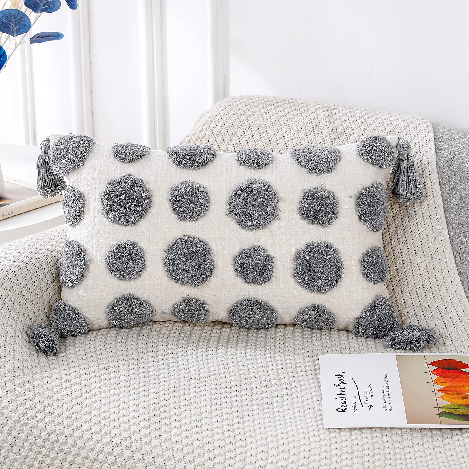 PANOD Boho Light Grey Tufted Throw Pillow Covers with Tassel 12x20 inch,Soft Cream Chenille