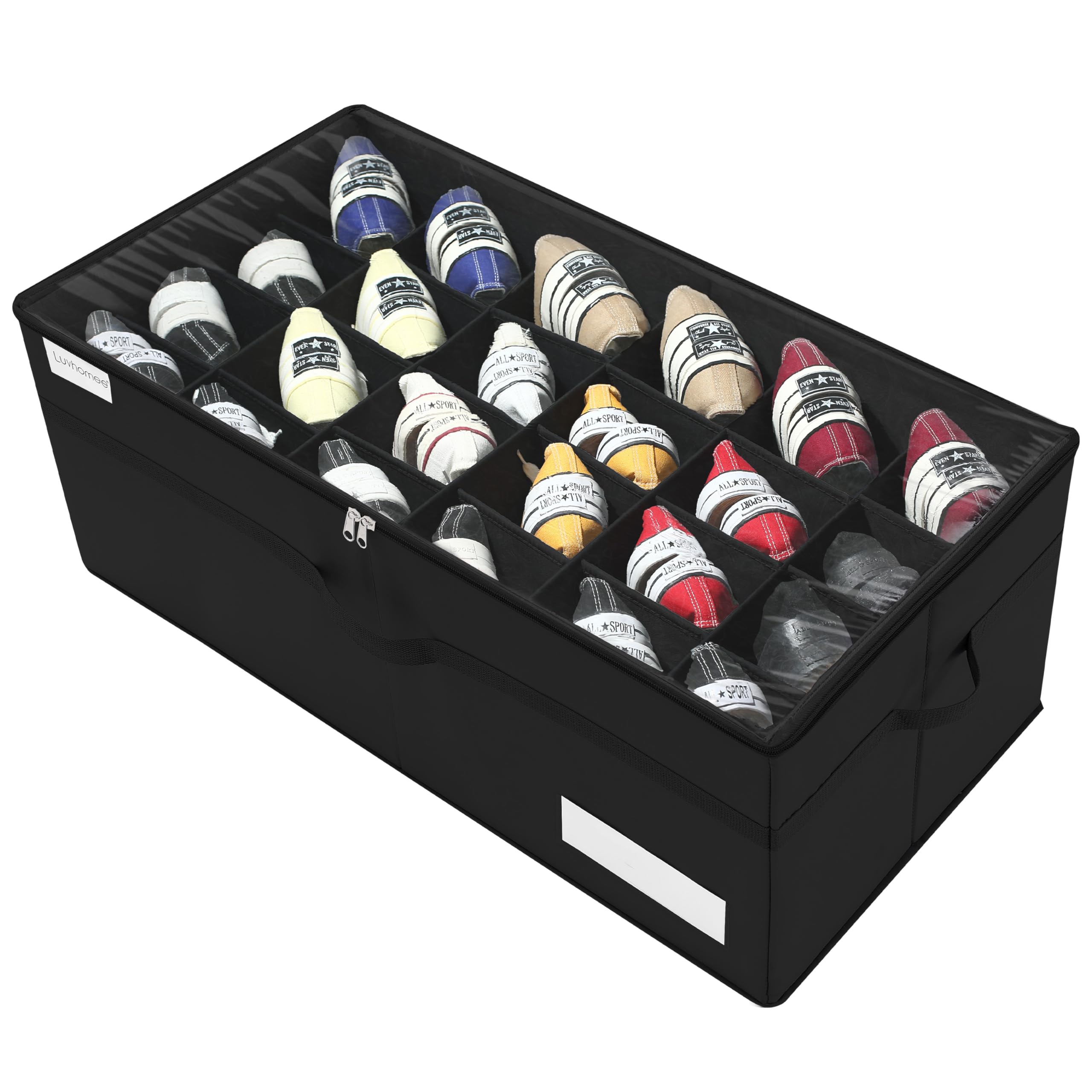 LUVHOMEE Shoe Organiser for Closet, Fits 24 Pairs, Large Shoe Box Storage Containers, Clear Foldable Shoe Storage Bins w/Bottom Support, Space Saving Shoes Holder w/Reinforced Handles, Black