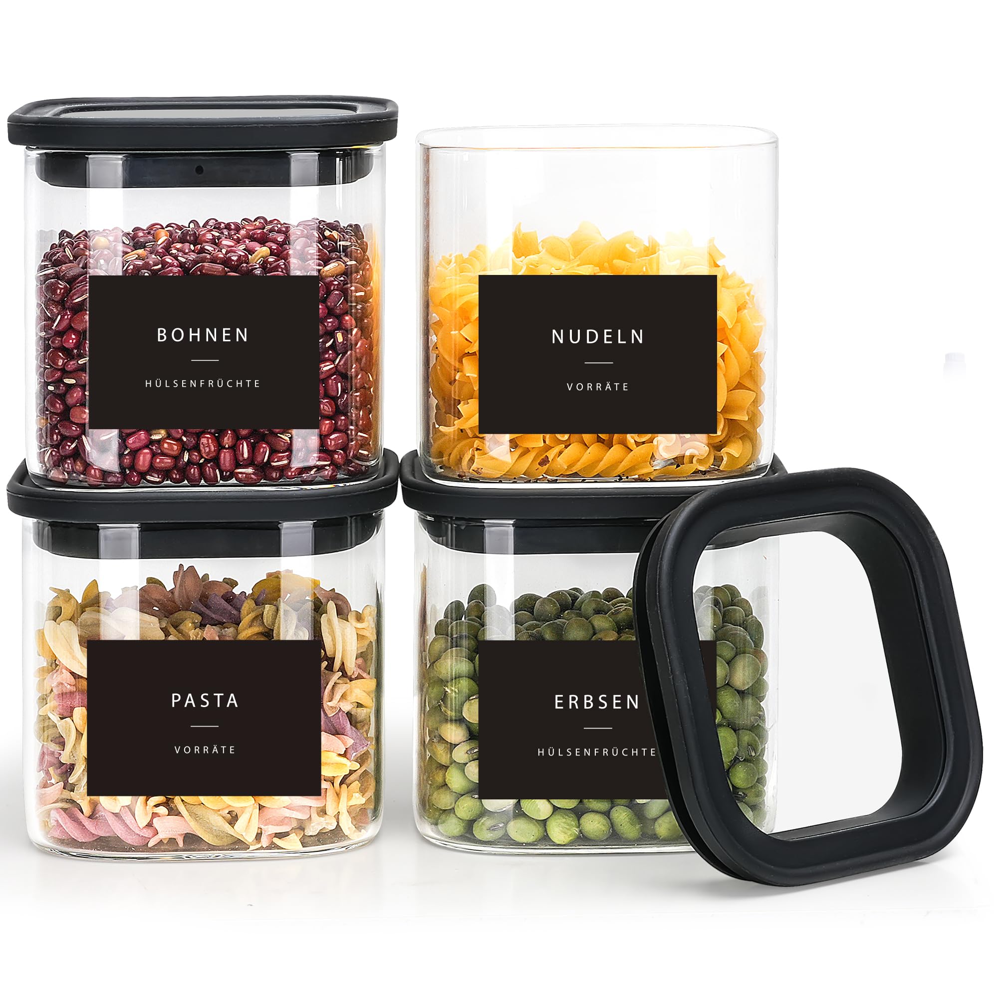 Happy Lemuro Vorratsgläser mit Deckel (4×600 ml) – Luftdichte Aufbewahrungsgläser mit Glasdeckel in Schwarz | Eckige Vorratsdosen Glas mit Deckel, mottensicher & spülmaschinenfest