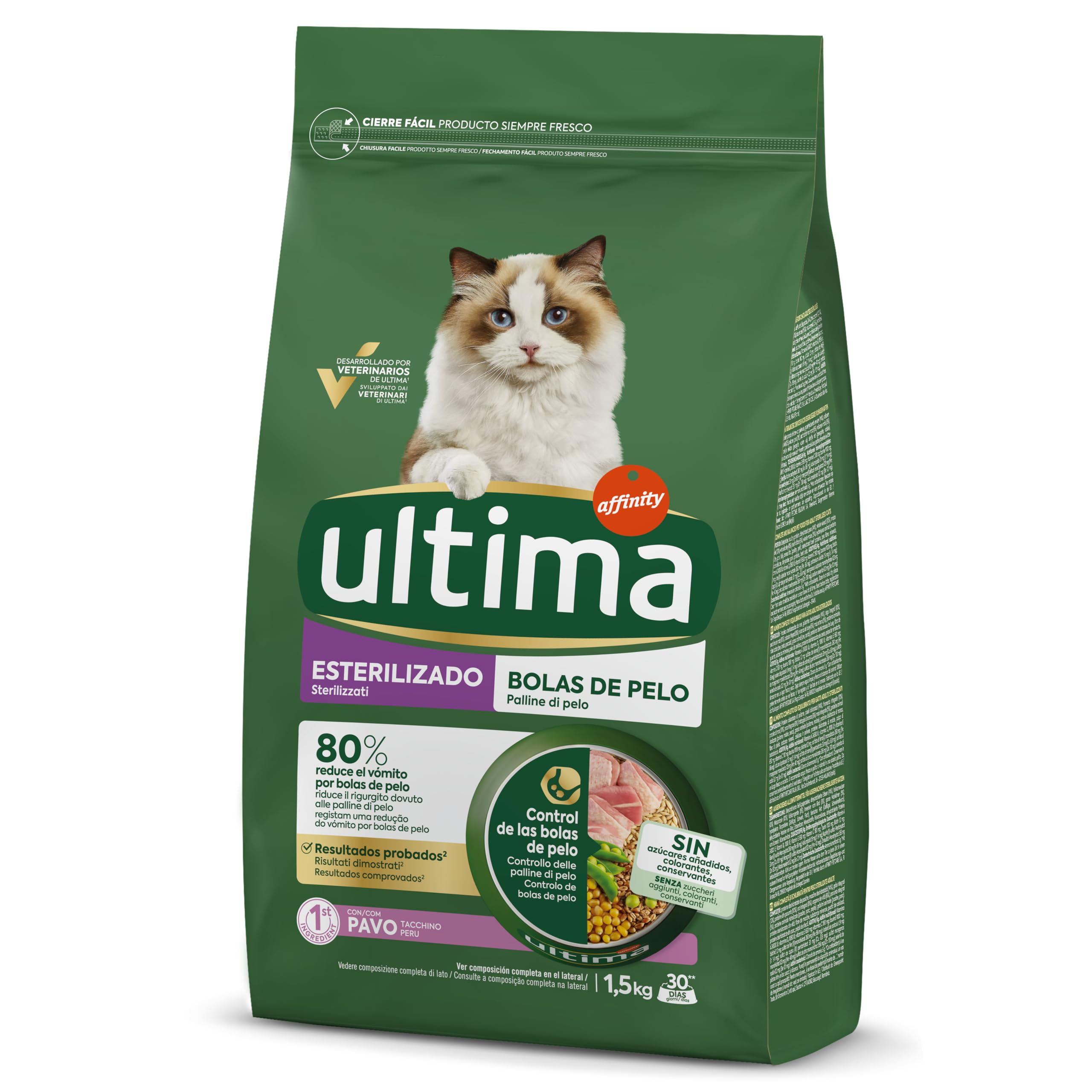 Ultima Esterilizado Bolas de pelo Pavo, Comida seca para gatos, Pack de 4 x 1,5kg, Total 6kg