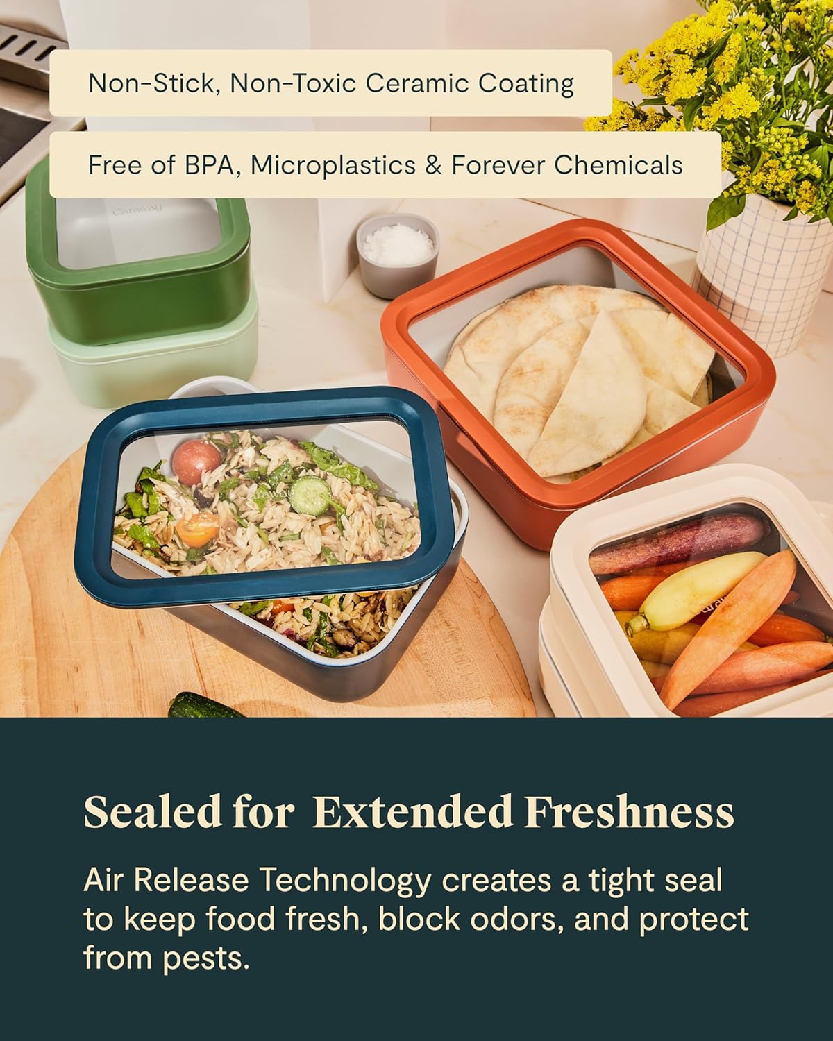 Caraway 13pc Glass Food Storage Container Set - Easy to Store, Non Toxic Lunch Box - with Glass Lids - Includes Storage Organizer - Cream - Image 5