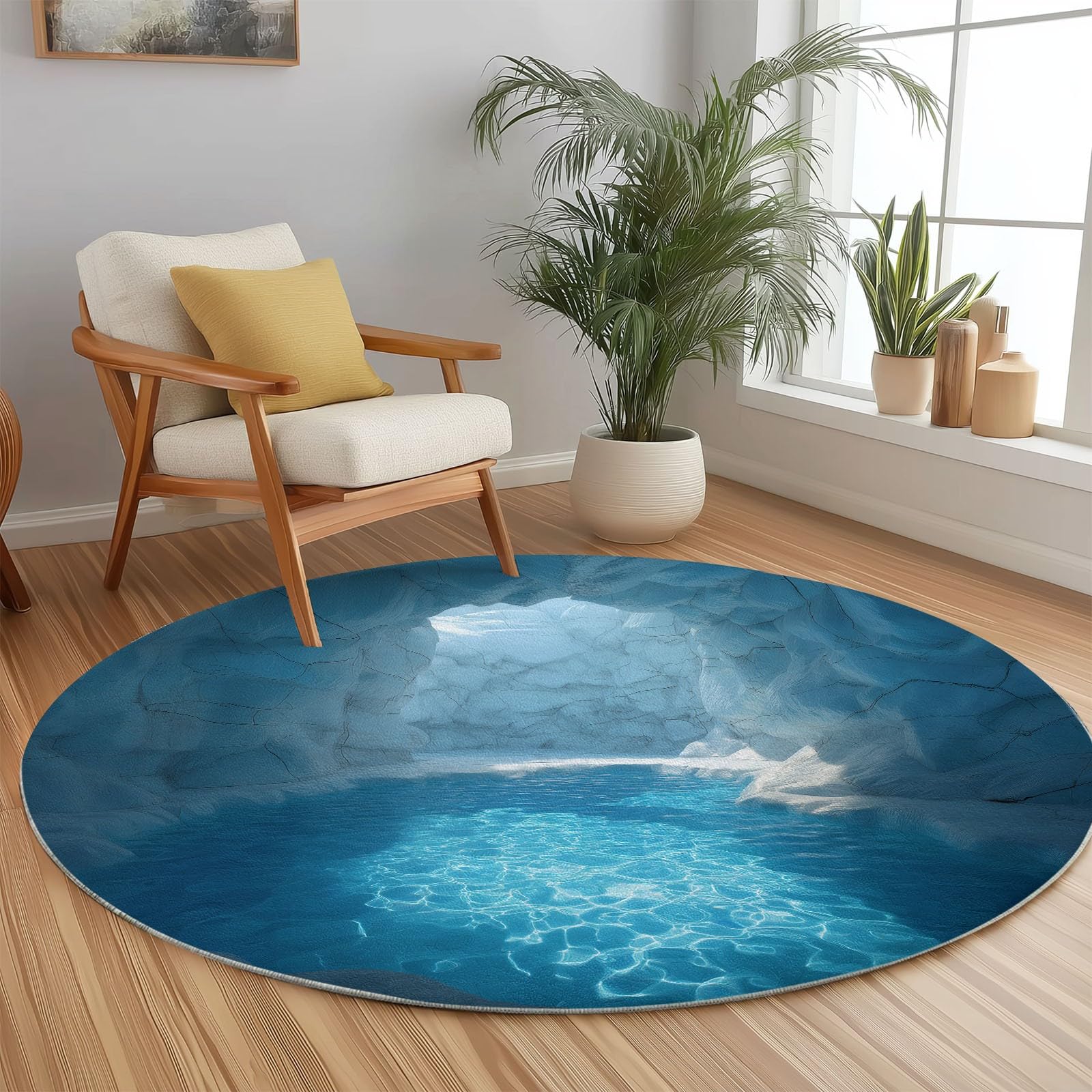 Tapis rond rayures lavable de 210 cm pour protéger le sol avec un motif nature