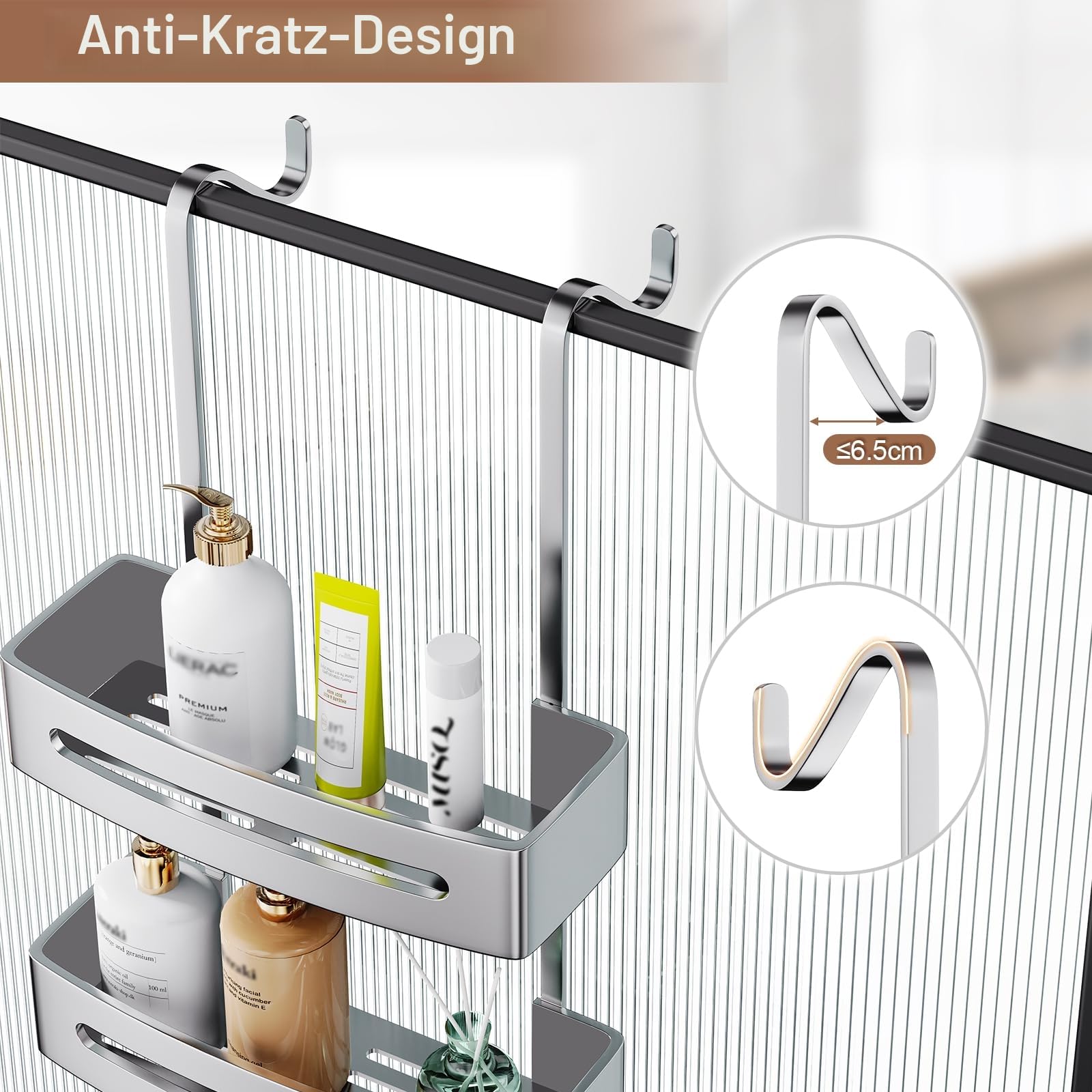 Ajex Duschablage zum Hängen, Duschregal ohne Bohren Edelstahl Badezimmer Organizer Shampoo Halterung Duschkorb Halterung Shower Shelf Mit 4 Haken und Zwei Körbe Für Rahmenlos Glastür