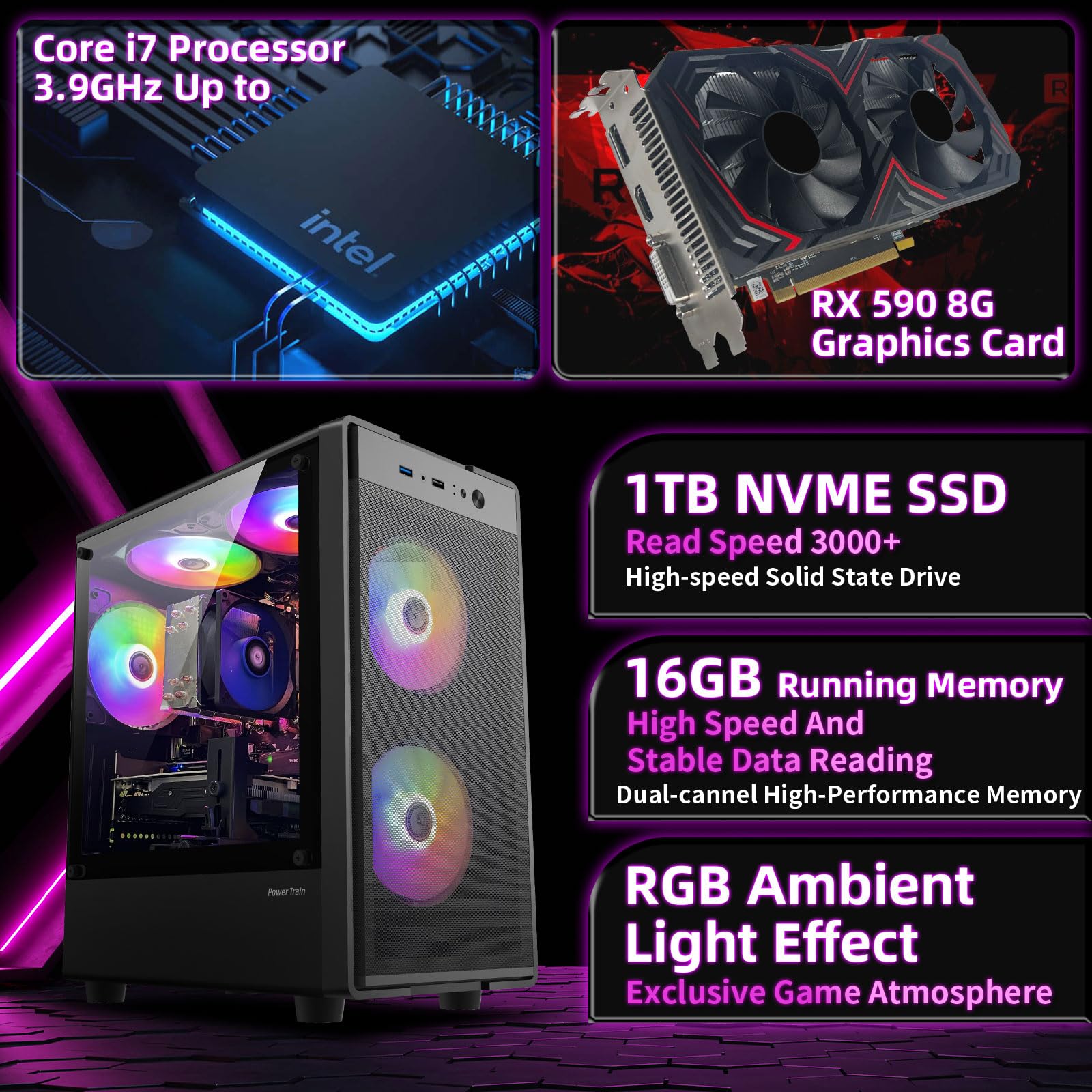 Prebuilt Gaming PC Desktop Computer,Intel Core i7 Desktop,Operating at A Frequency of 3.4-3.9 GHz,RX590 Graphics Card with 8GB GDDR5 Video Memory,16GB RAM, 1TB NVME SSD,WiFi 5.0,RGB Fan x5
