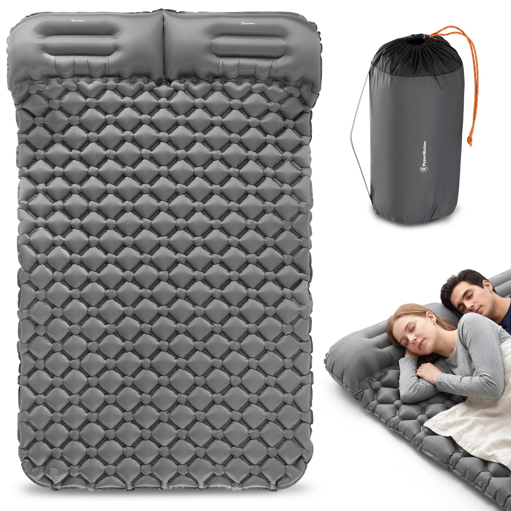 HyperMotion Campmat 2 Isomatte für 2 Personen 190x120 cm, Grau | 940 g Gewicht, zwei integrierte Kopfkissen, großes Liegeformat für gemeinsame Outdoor-Abenteuer