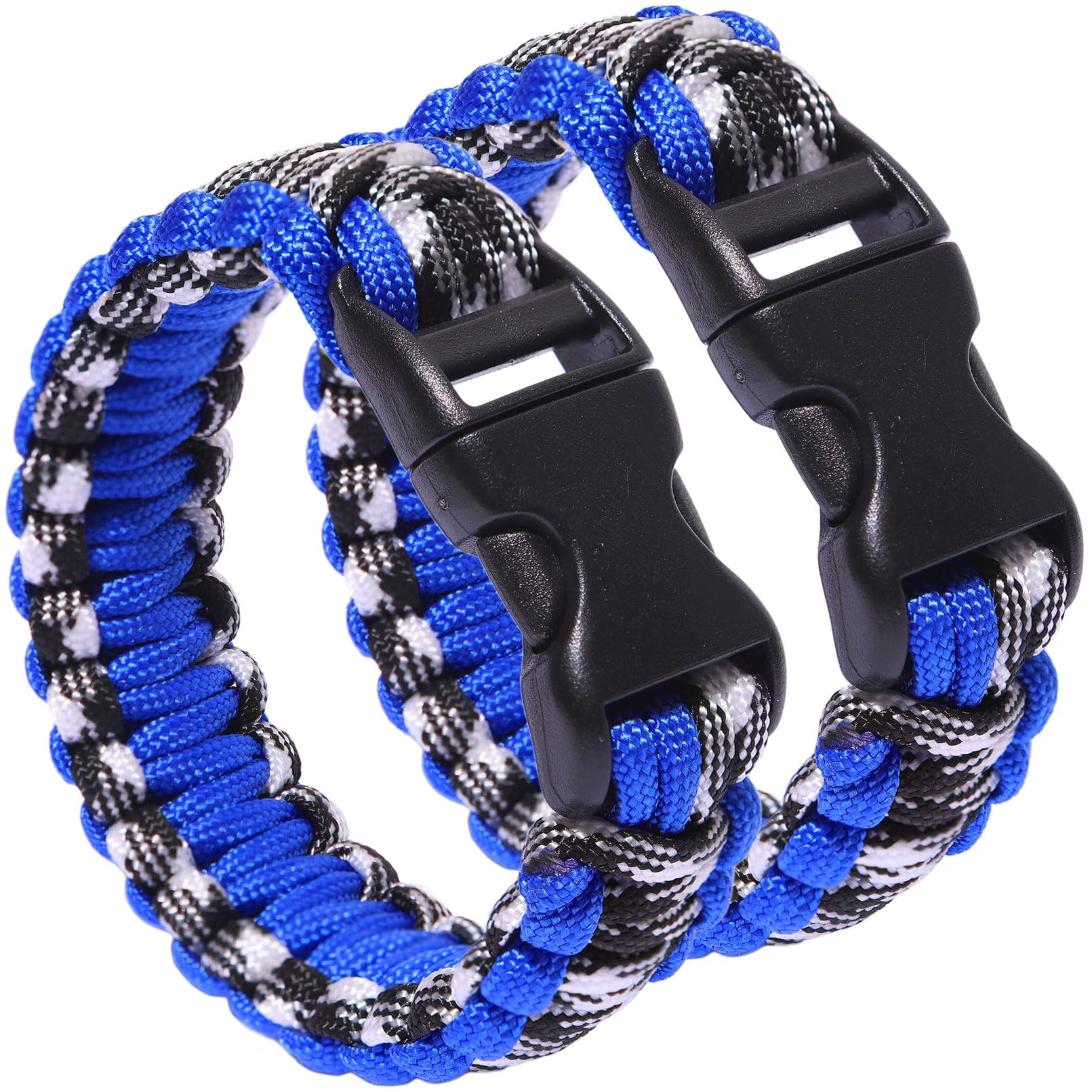 Wizock 2Pcs Paracord Bracelets Set Outdoor Hiking Traveling Camping Party Handmade Braided Bracelets for Women and Men (Black with White and Blue)