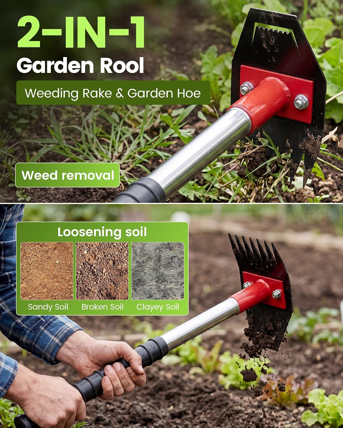 Weed Puller Tool with Long Handle, 2-in-1 Gardening Hand Tool Weeds Remover, 66-Inch Adjustable Handle, Manual Weeding Puller for Garden, Yard, Patio, Law
