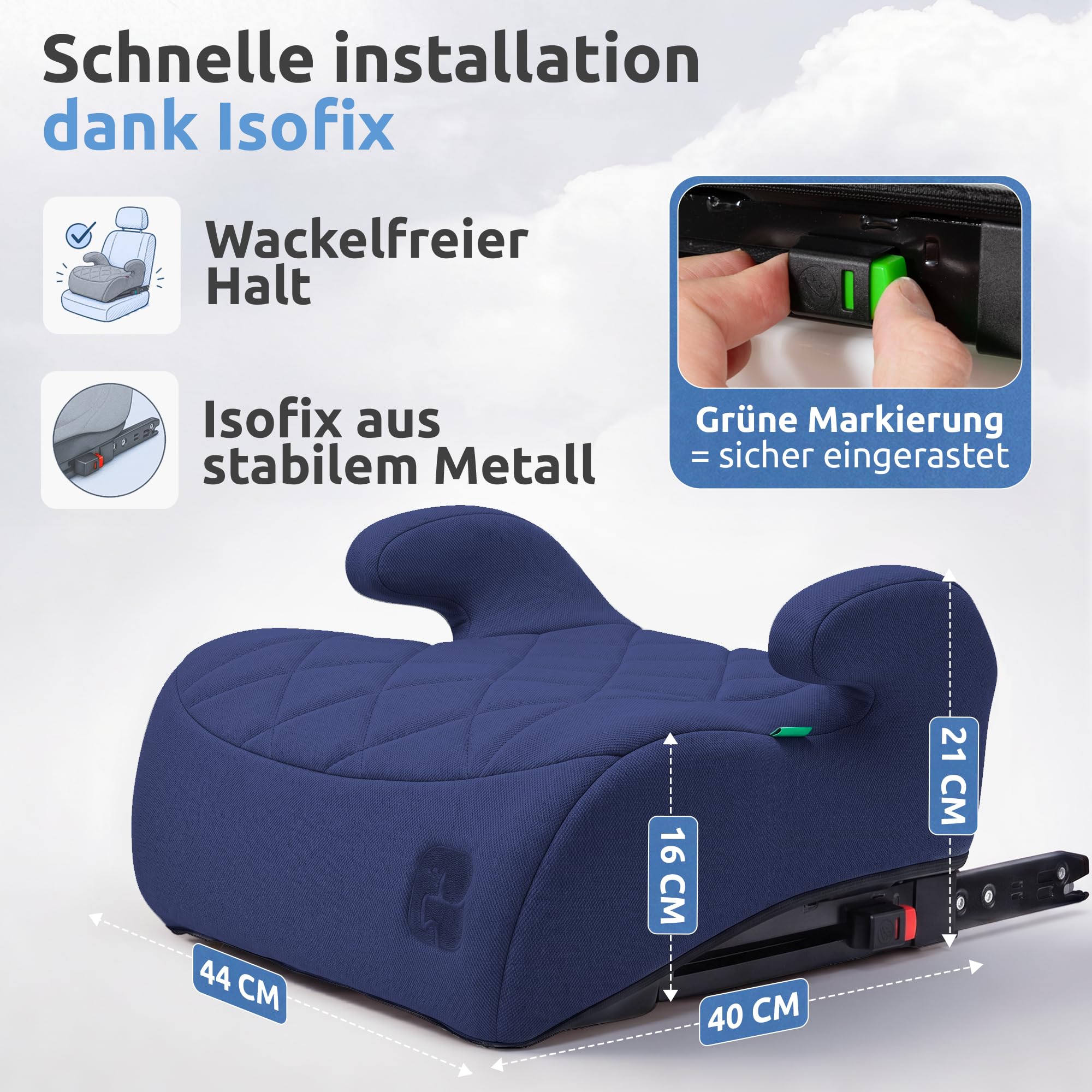 Mallie® Premium Kindersitzerhöhung Isofix mit 2 cm Memory Foam | Sitzerhöhung Auto Kinder 15-36 kg, ECE R129 | Kindersitz Isofix ab 6 Jahre, 125-150 cm (Blau)
