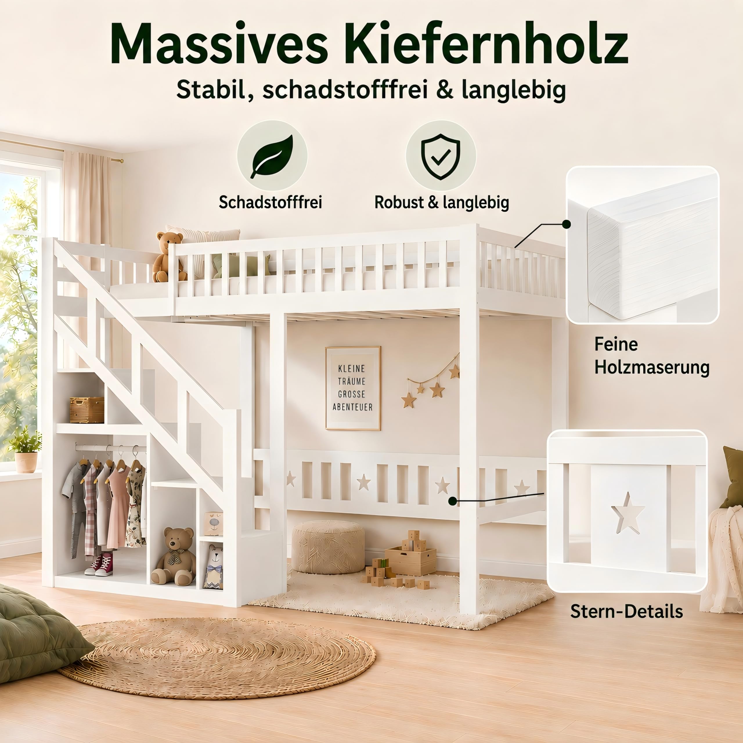 Hochbett 140x200 cm Weiß mit Treppe und Stauraum, Holzbett Kinderbett & Jugendbett mit Sternen-Rausfallschutz, Platzsparendes Etagenbett Spielbett für das Kinderzimmer, Inkl. Lattenrost, Ohne Matratze