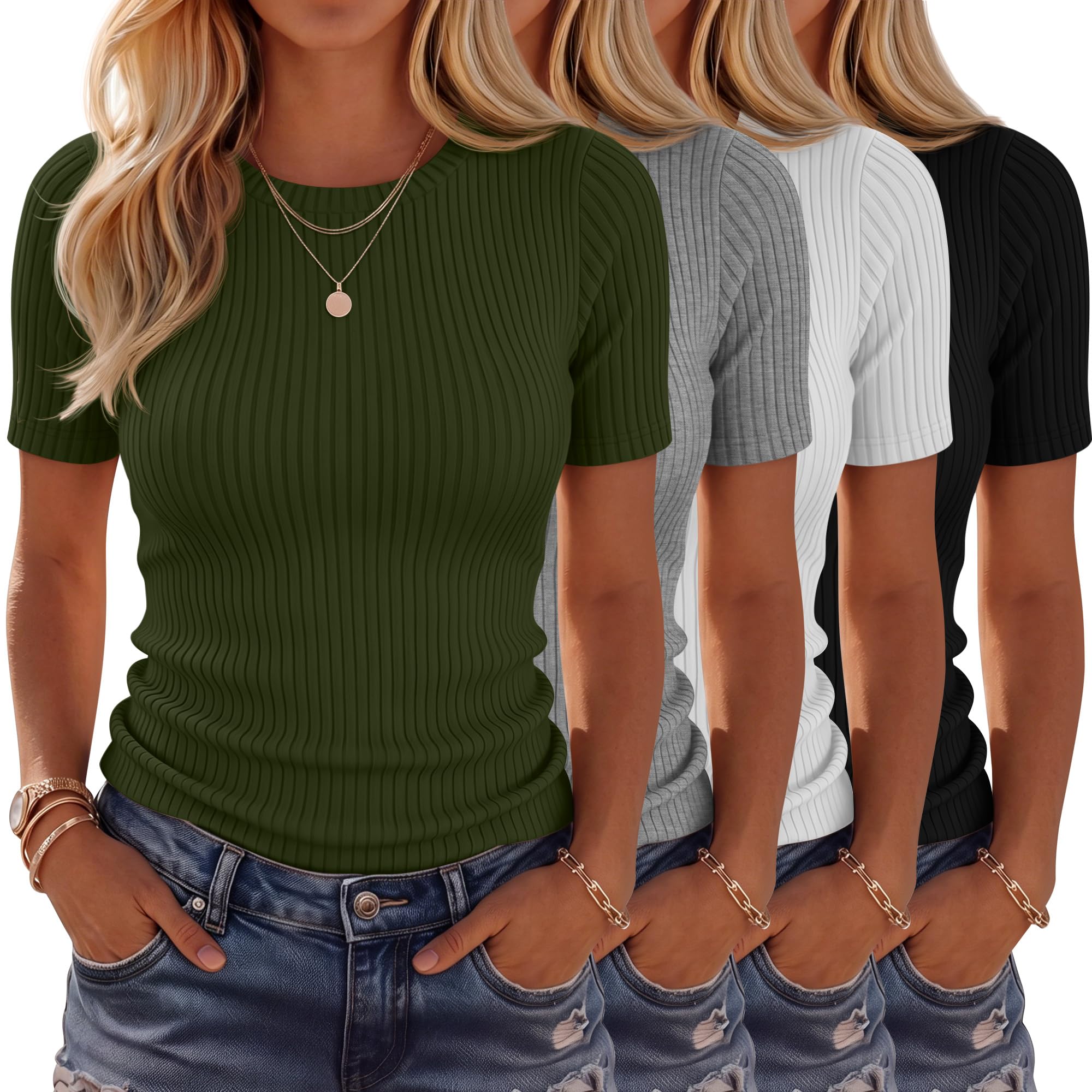 Neer Lot de 4 t-shirts côtelés en coton à manches courtes pour femme - Hauts basiques et col rond - Chemises décontractées d'été tendance 2026