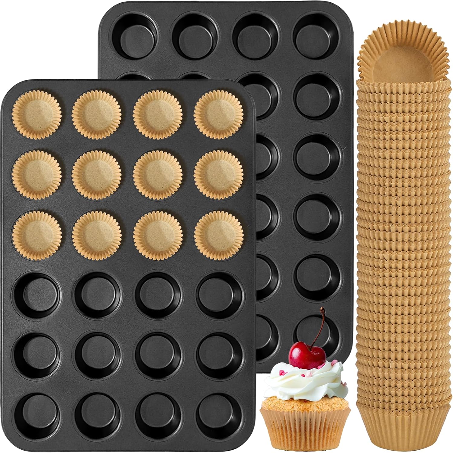 2 Pack Mini Muffin Pan includes 1000 Natural Cupcake Liners, Mini Cupcake Pans Muffin Tin Nonstick 24 Cup, Carbon Steel Baking Pans Tray Baking Supplies
