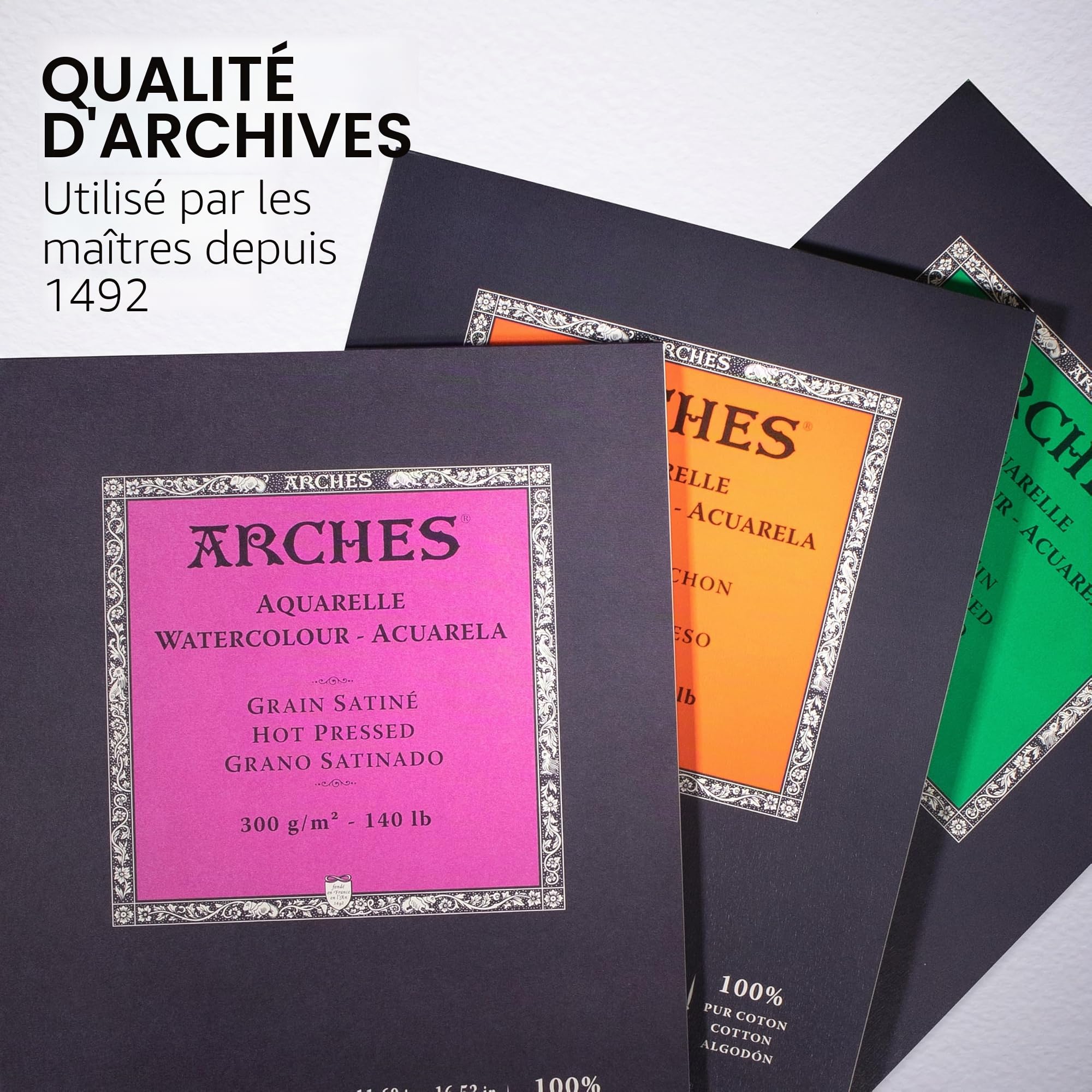 ARCHES Aquarelle - Bloc 12 feuilles 29,7x42 collé petit côté - 300g/m² - grain satiné, blanc naturel, 4 bords francs