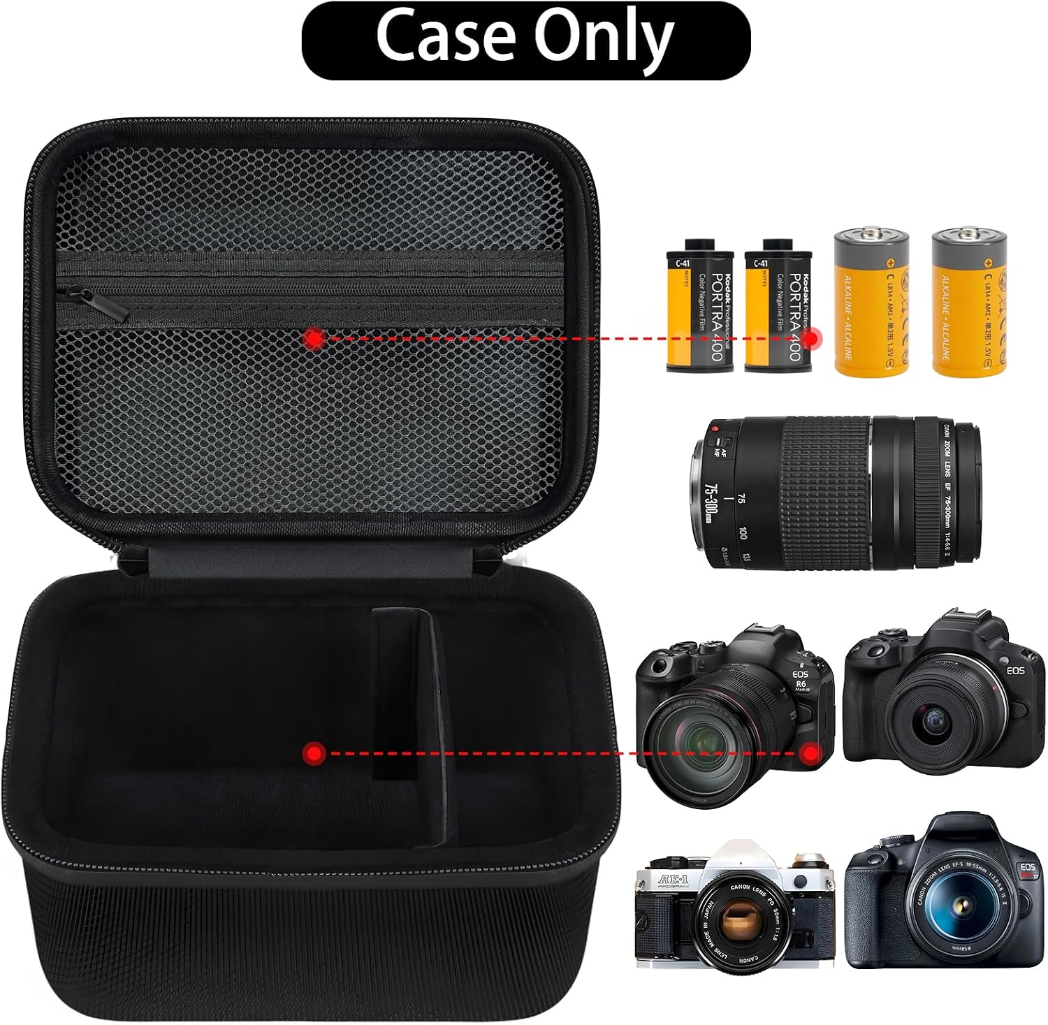 Hard Carrying Case for Canon AE-1 35mm & 50mm/ EOS R6 Mark III/II/EOS Rebel T7 DSLR/R50 (Adjustable Dividers & Mesh Pocket) (Case Only)