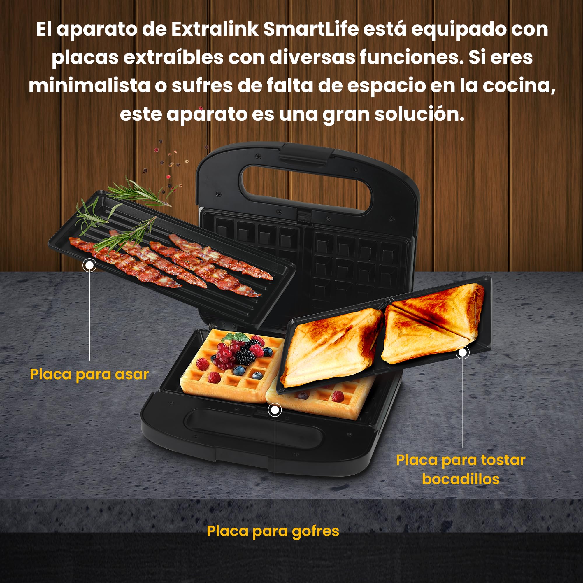 Extralink 3 en 1 Tostadora, Grill y Gofrera con Placas Intercambiables, 1000W, Antiadherente, Fácil Limpieza