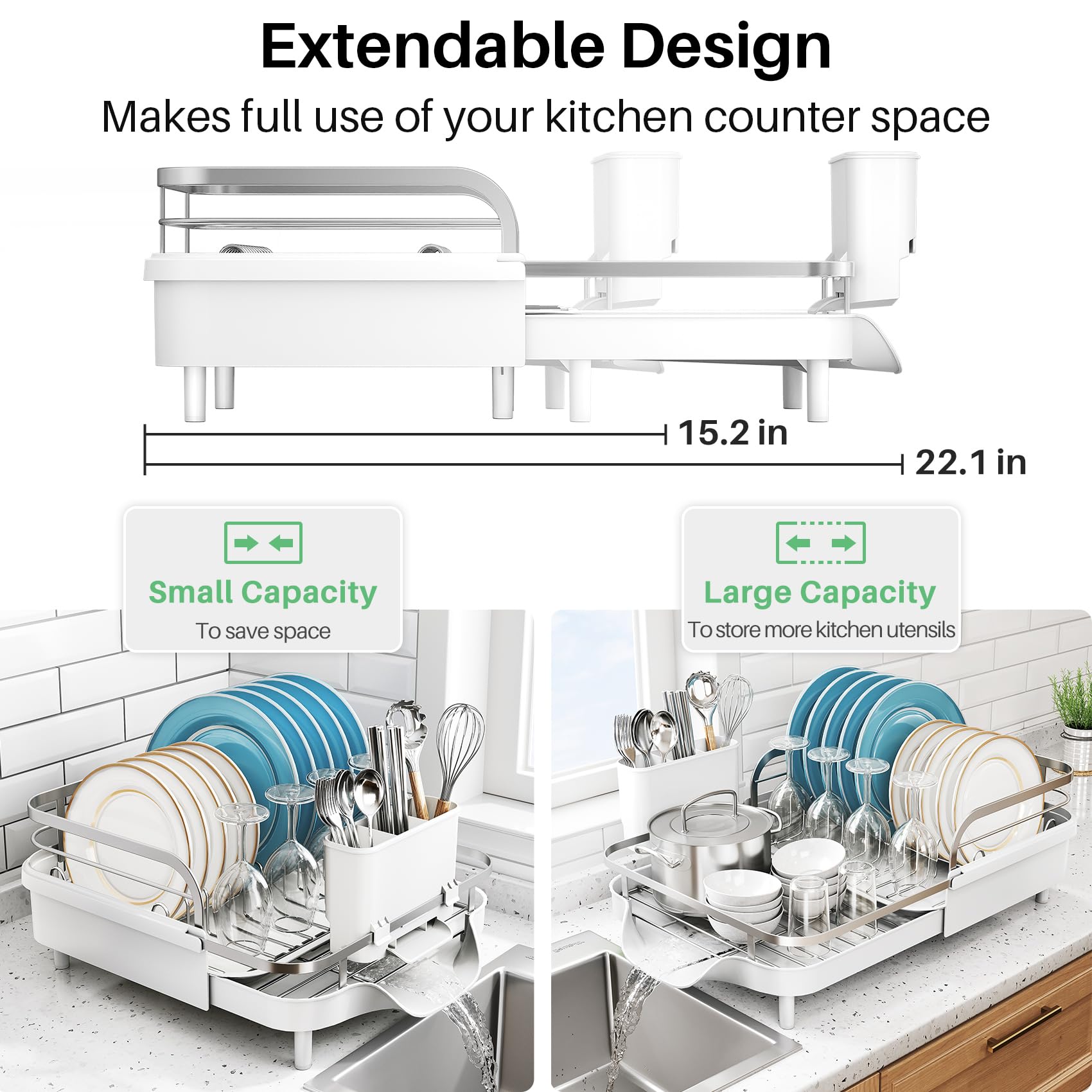 Escurridor de platos extensible para encimera de cocina, escurridor de platos de acero inoxidable con juego de escurridor y soporte para utensilios, escurridor de platos de secado de fregadero