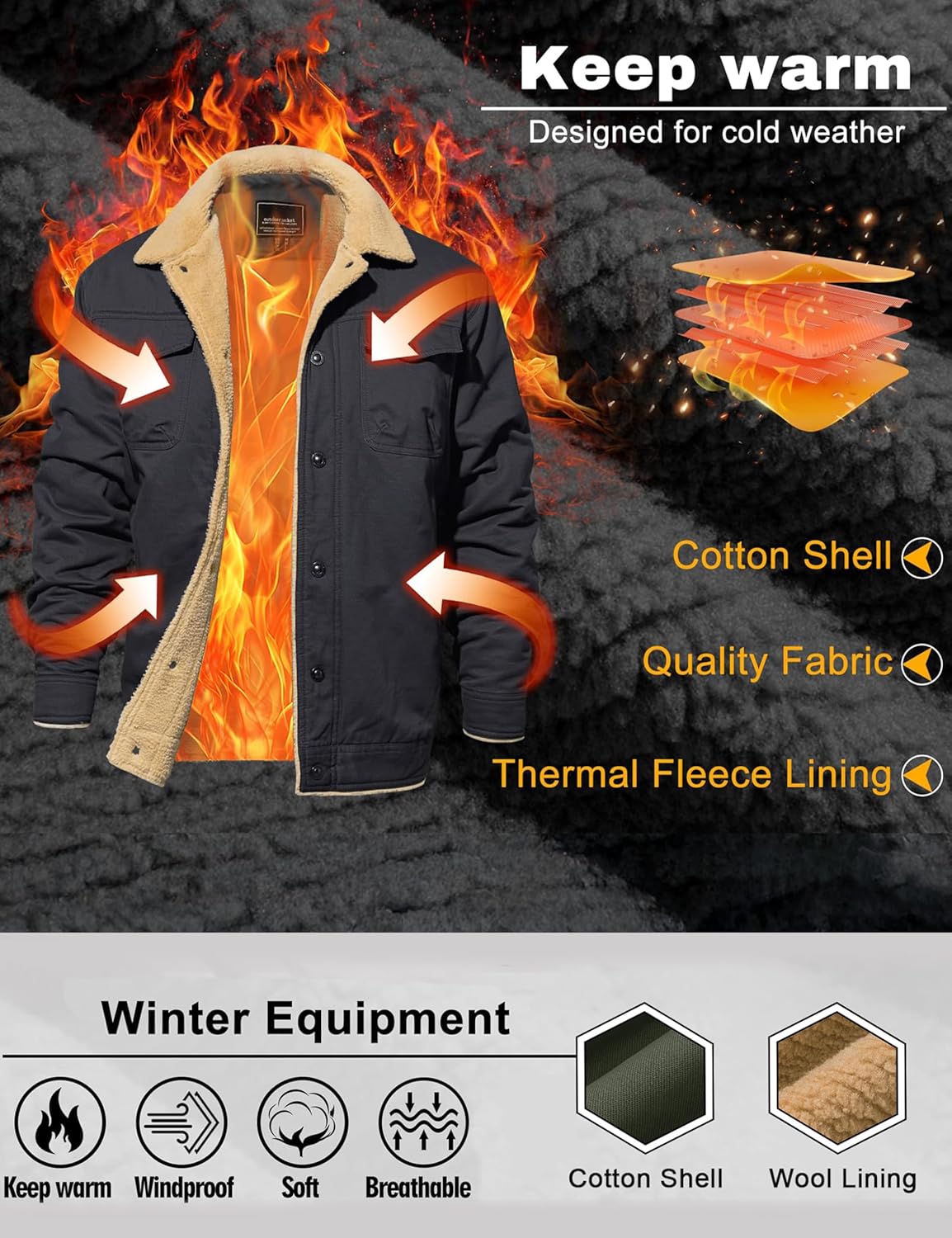 CRYSULLY Men's Winter Work Jacket Cotton Shell Fleece Lined Warm Casual Cargo Coat Outdoor Utility Jackets for Men