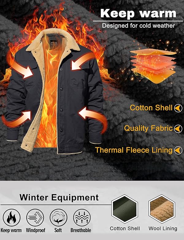 CRYSULLY Men's Winter Jacket Cotton Shell Fleece Lined Warm Casual Cargo Coat Outdoor Utility Jackets for Men Dark Grey L by CRYSULLY - Image 4