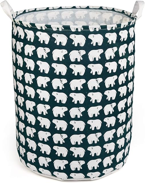 NEWSTYLE Large Laundry Basket,Waterproof Foldable Cotton Fabric Laundry Hamper Bucket Cylindric Burlap Canvas Storage Basket with Handles (Green Bear)