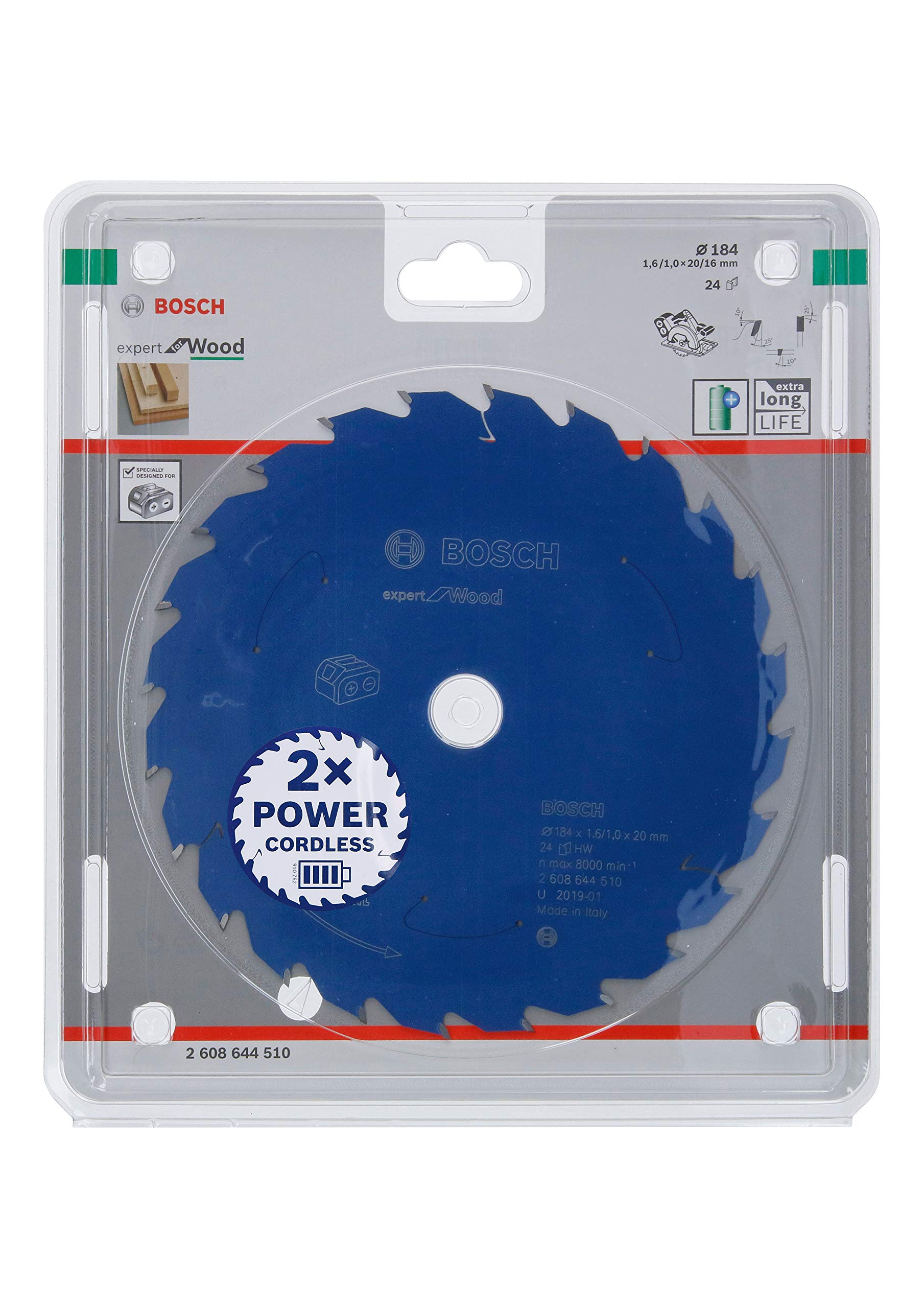 Bosch Professional Circular Saw Blade Expert (for Wood, 184 x 20 x 1.6 mm, 24 teeth; Accessories: Cordless Circular Saw)