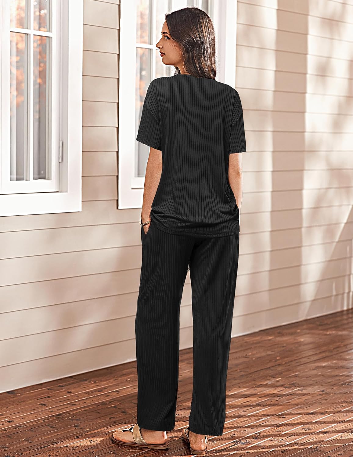 Ekouaer Women's 2 Piece Lounge Set Casual Summer Outfits Ribbed Short Sleeve & Wide Leg Pants Matching Set for Travel Home - Image 6