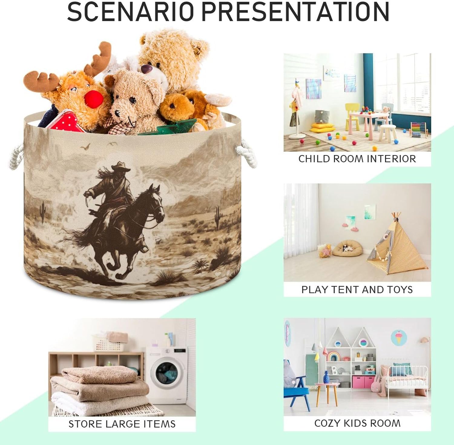 xigua Western Desert Cowboy Cotton Rope Storage Basket with Handles Large Baby Laundry Basket Round Collapsible Blanket Basket Shelf Closet Organizer for Nursery Toys Clothes