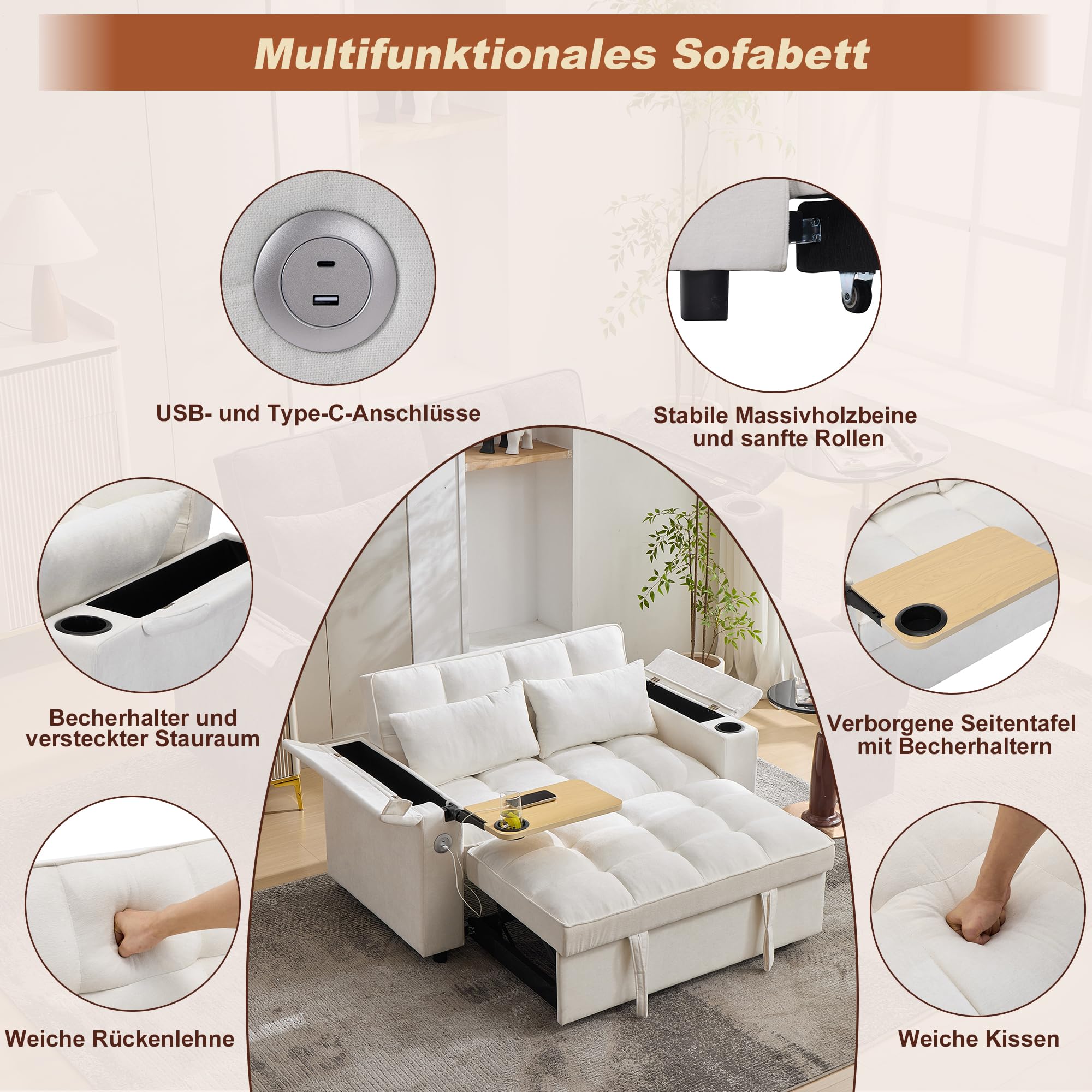 Canapé-lit 3 en 1 extensible avec dossier réglable, port USB, 2 places, table cachée, porte-gobelet, pour petits espaces, salon, appartement, lit de jour beige