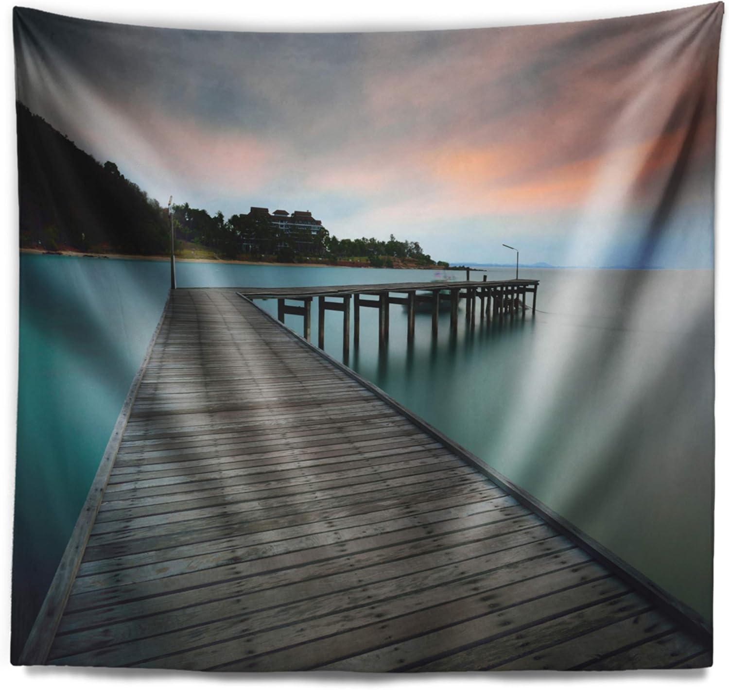 Designart ' Wooden Bridge into Blue Sea' Modern Tapestry Blanket Décor Wall Art for Home and Office, Created On Lightweight Polyester Fabric x Large: 80 in. x 68 in