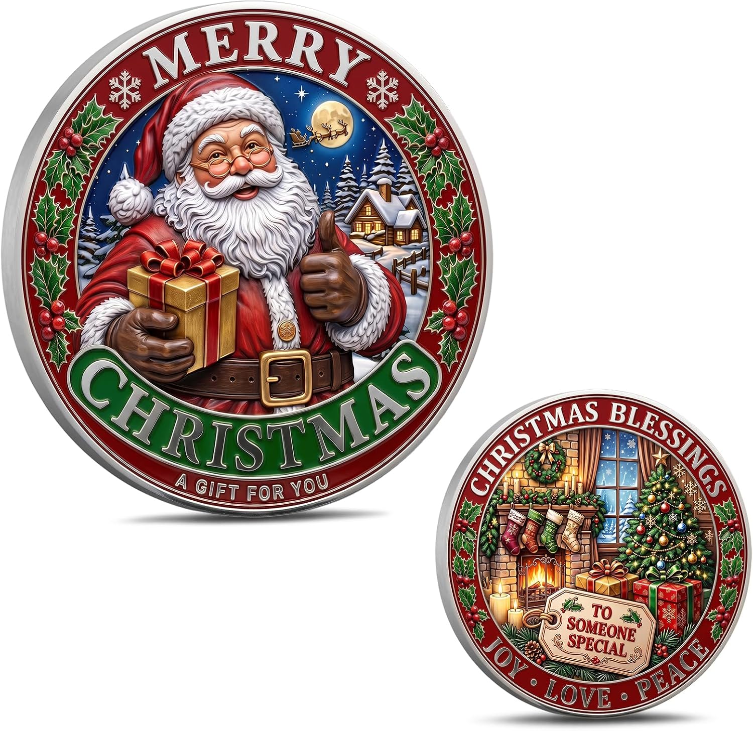 Colorful Christmas Santa Coin, Double Sided Holiday Keepsake, Merry Christmas Blessings Token, Zinc Alloy Ornament, Stocking Stuffer Gift for Kids & Family with Fireplace Scene.