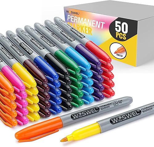 Marcadores permanentes a granel, paquete de 50, 10 marcadores permanentes de colores surtidos, punta fina, impermeables, de secado rápido, escritura