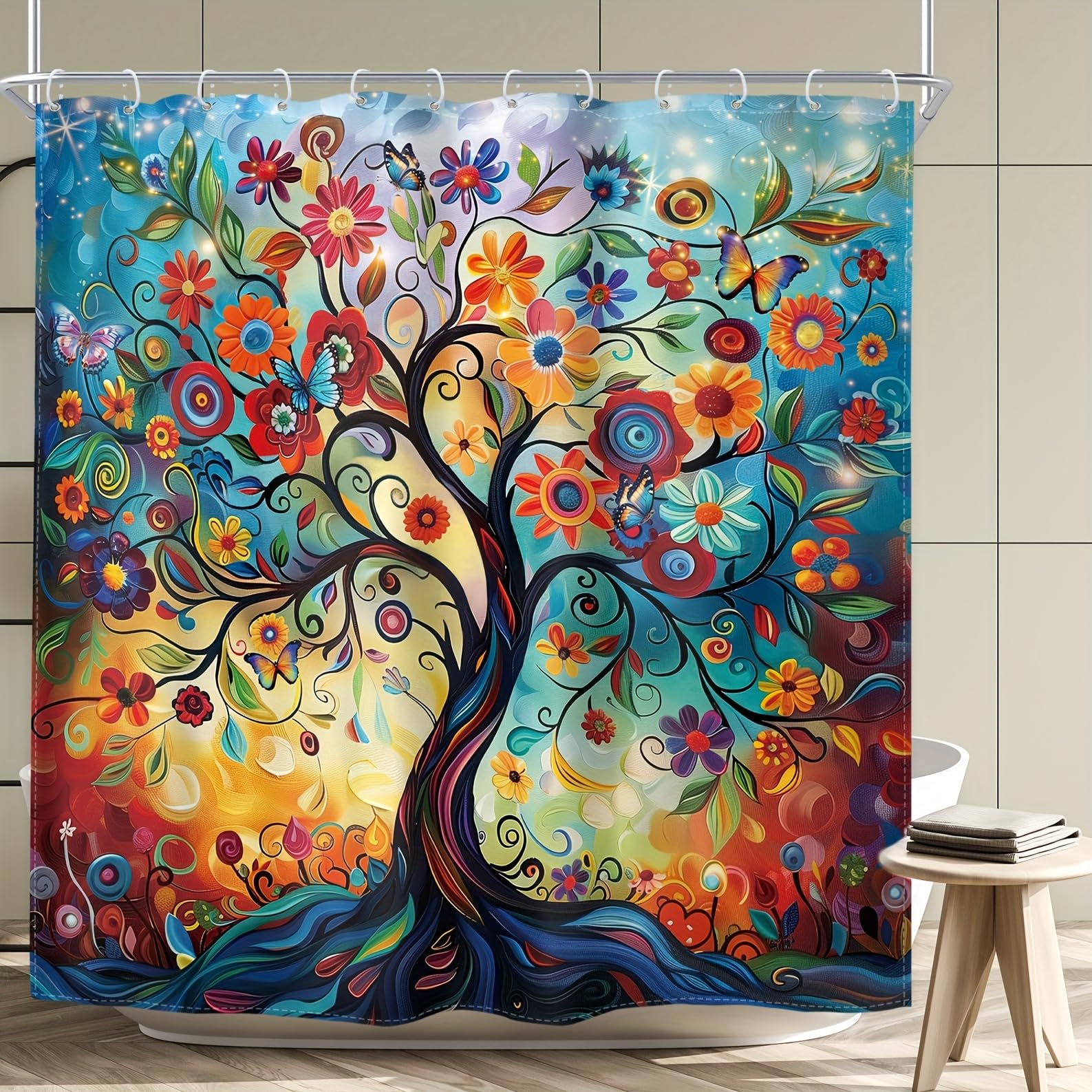 1 pièce 180x220CM Arbre de Vie Abstrait imprimé Rideau de Douche avec Crochets, en Polyester, pour fenêtres et Murs, Baignoire, Salle de Bain, Lavable en Machine, Toutes Saisons.