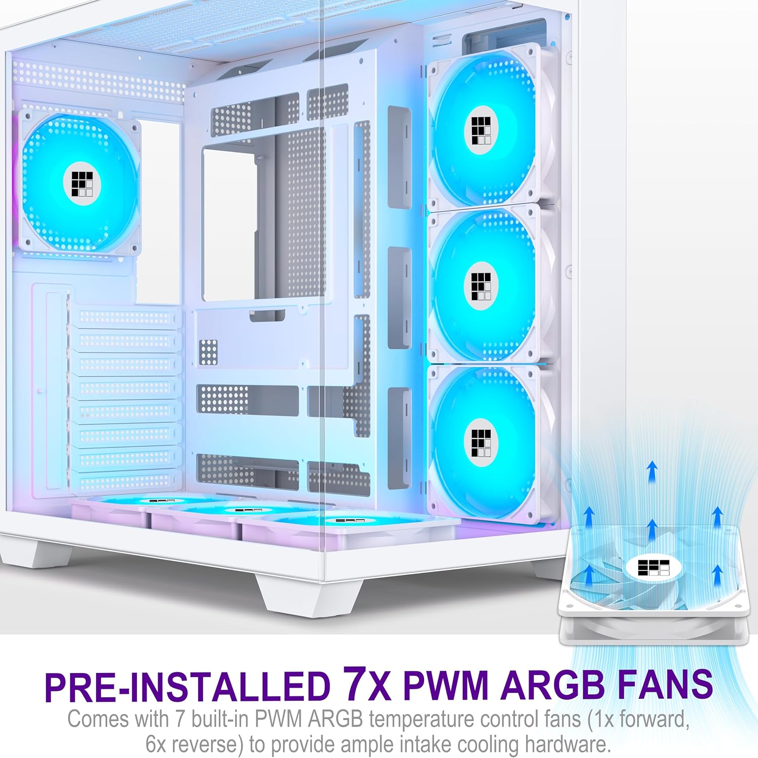 F600 PC Case - Pre-Installed 7 PWM ARGB Fan, ATX Mid-Tower Gaming PC Case, 270° Panoramic Glass with Type-C, FOIFKIN (White, F600) - 5
