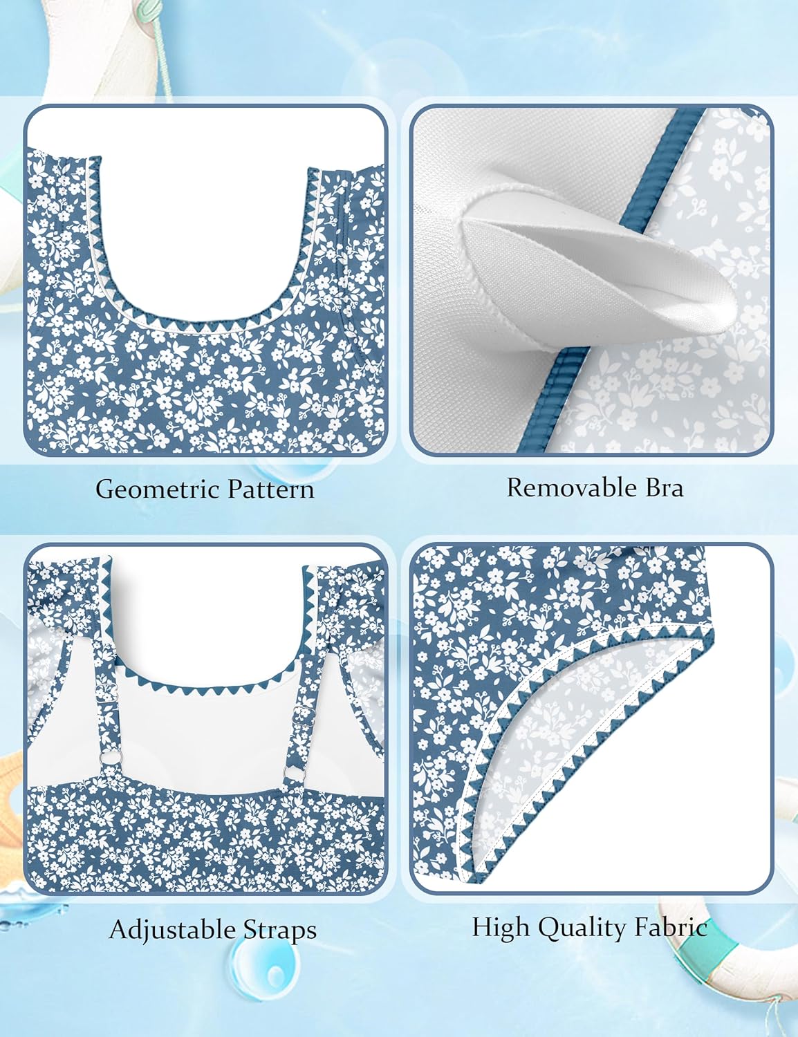 Girls Swimsuit Ruffled Square Neck Color Contrast Trim One Piece Bathing Suit Geometric Girls'Swimwear 9-16Y - Image 6