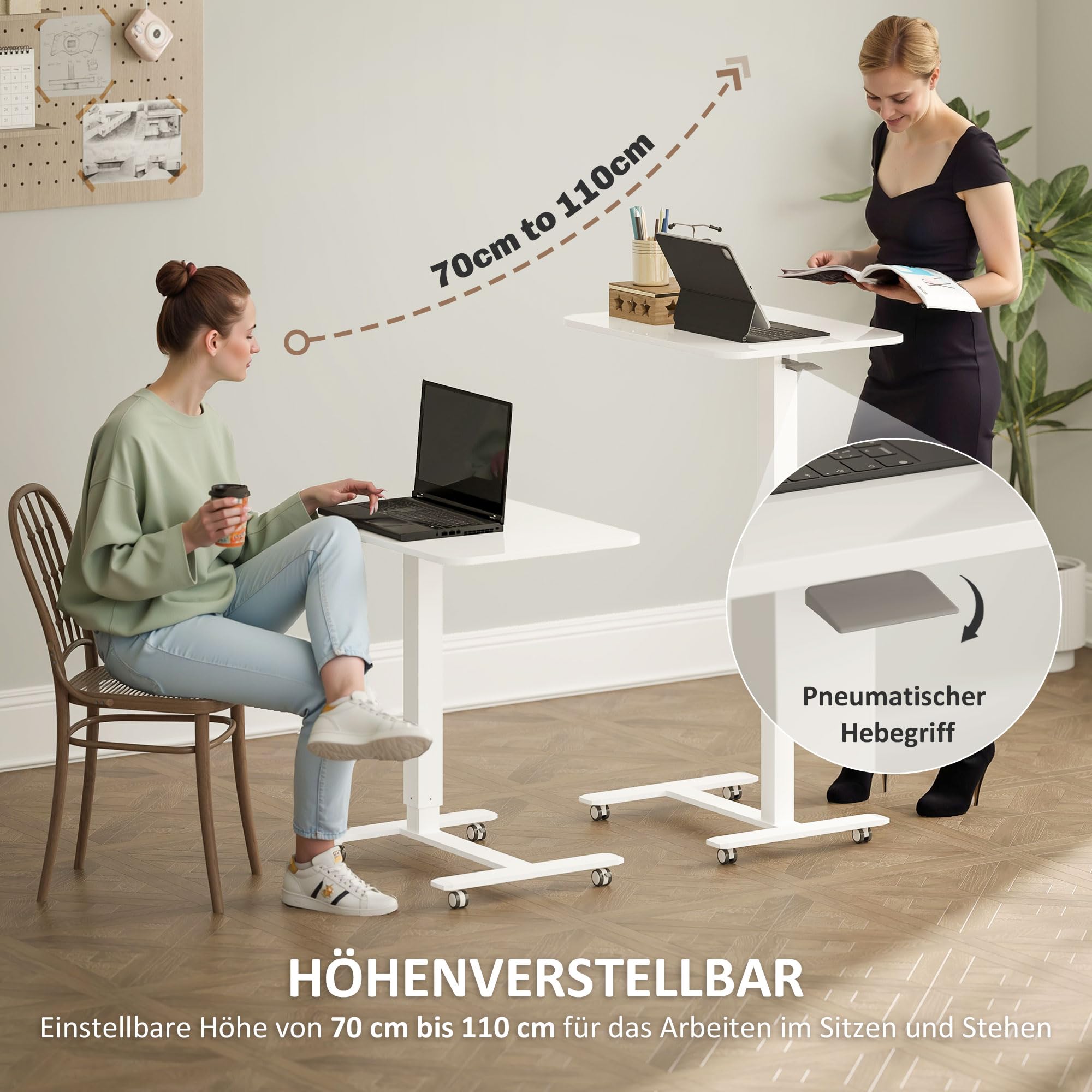 HOMCOM Bureau réglable Debout 4 roulettes 65x48x73-110cm Blanc