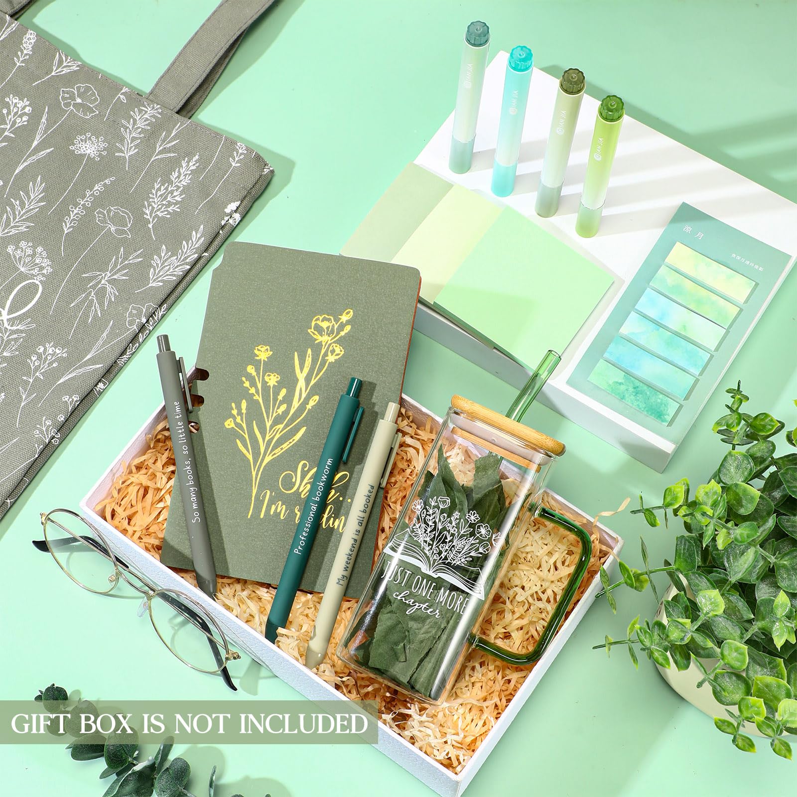 Romooa Book Lovers Gifts Aesthetic Essentials 13.5oz Glass Cup with Handle Canvas Bag A6 Journal Teacher Notebook Ballpoint Pens Sticky Notes Highlighters for Librarian Student Teacher Study, Green