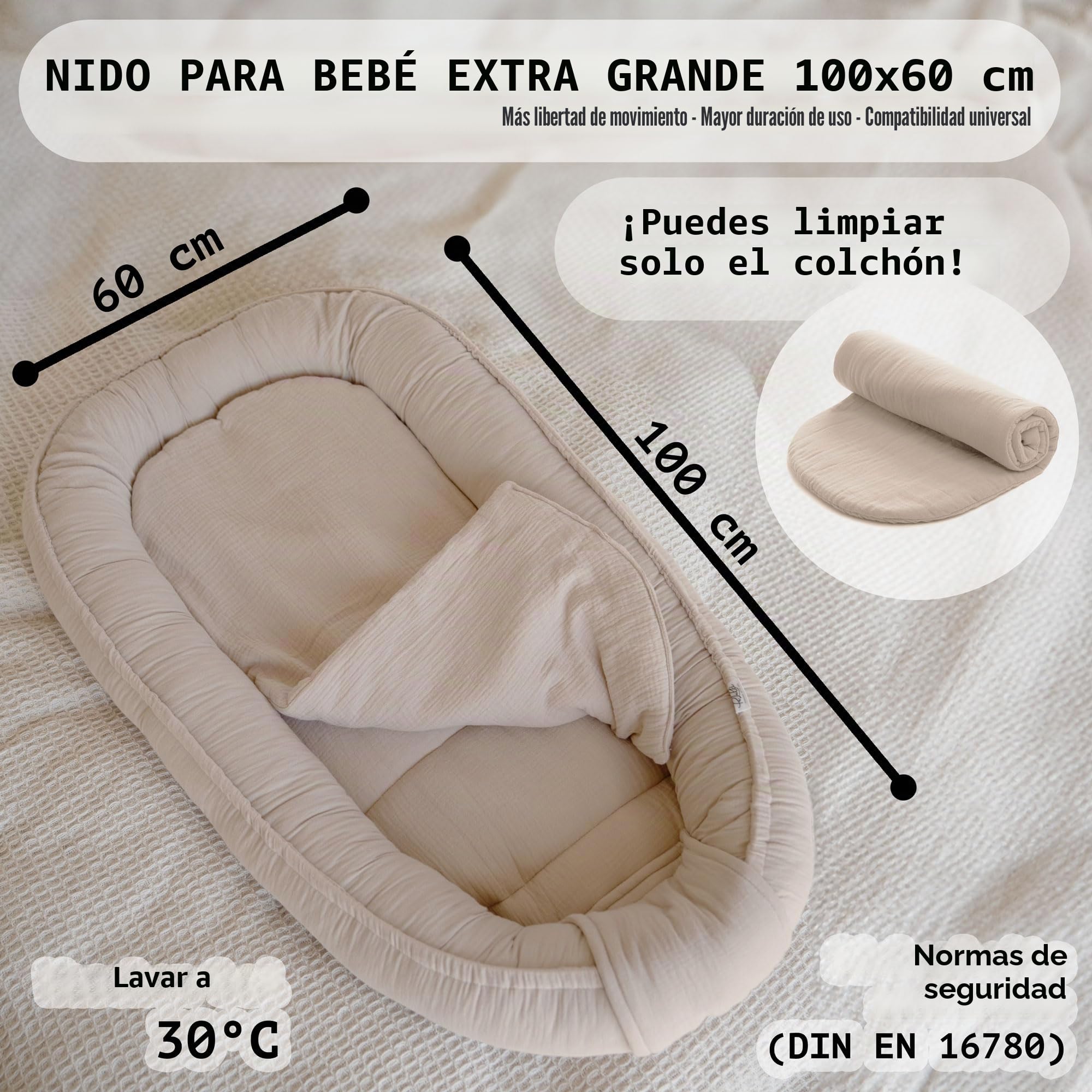 PaLulli® Nido de bebé 100x60cm – Suave nido de muselina con colchón | Nido para dormir, capullo, cuna de viaje para recién nacidos | 100% algodón (Beige)