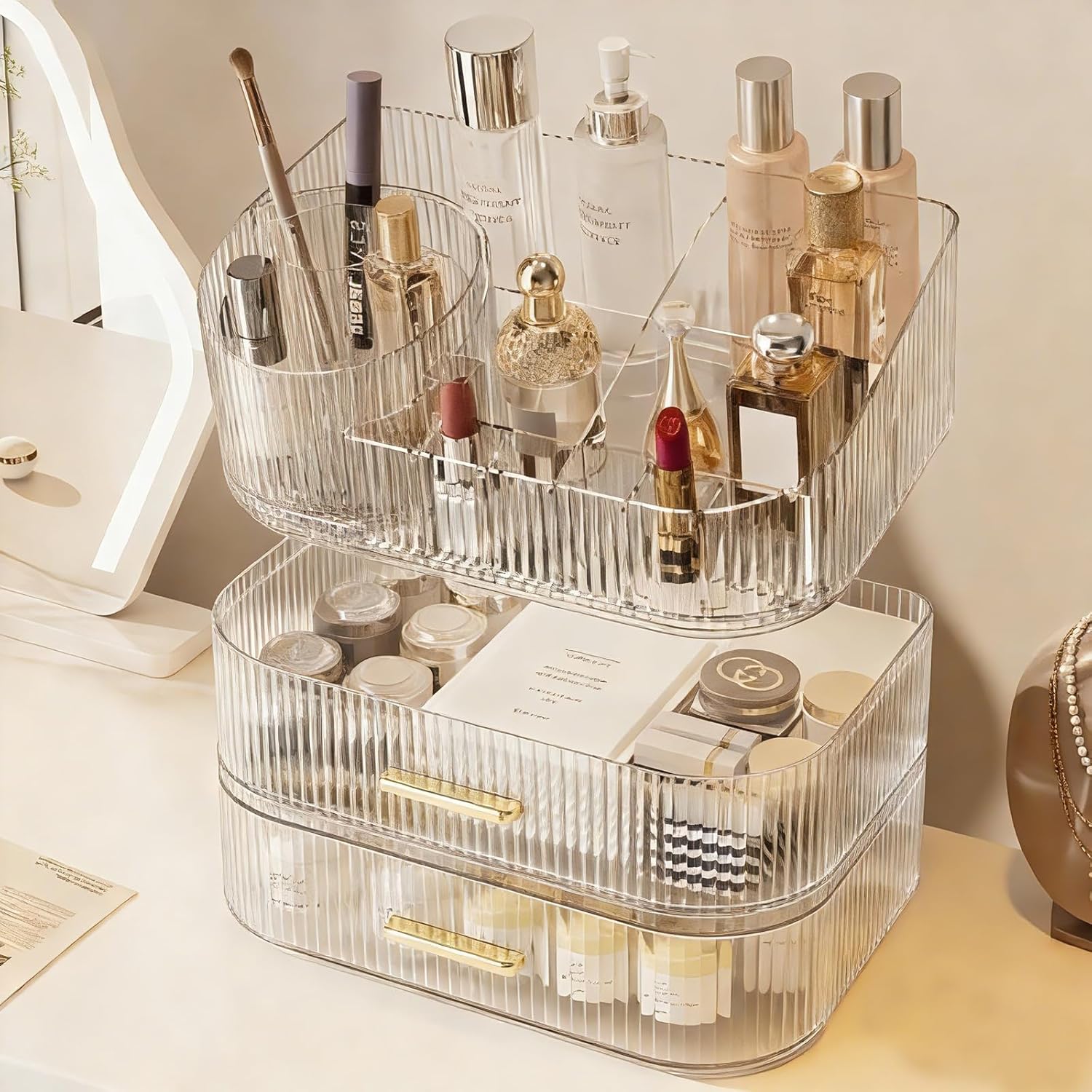 Makeup Organizer with 360 Rotating Brush Holder and Stackable Drawers, Cosmetic Display Case for Vanity, Bathroom Countertop (Clear, 3 Layer)