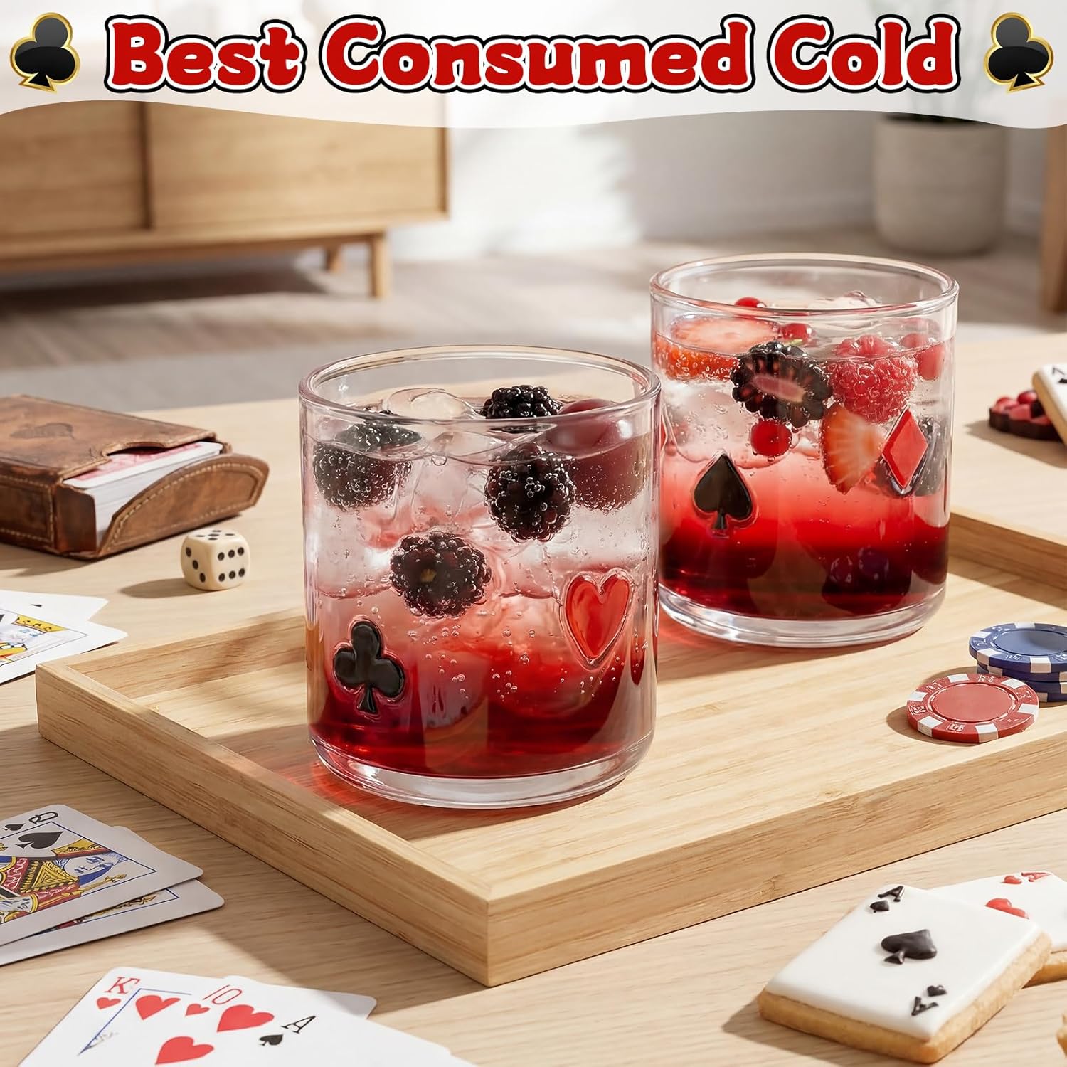 Skylety Set of 2 Poker Icon Juice Glass Casino Cups 14 Ounce Double Old Fashioned Icon Handblown Cocktail Glass Las Vegas Supplies Game Night Party Decorations
