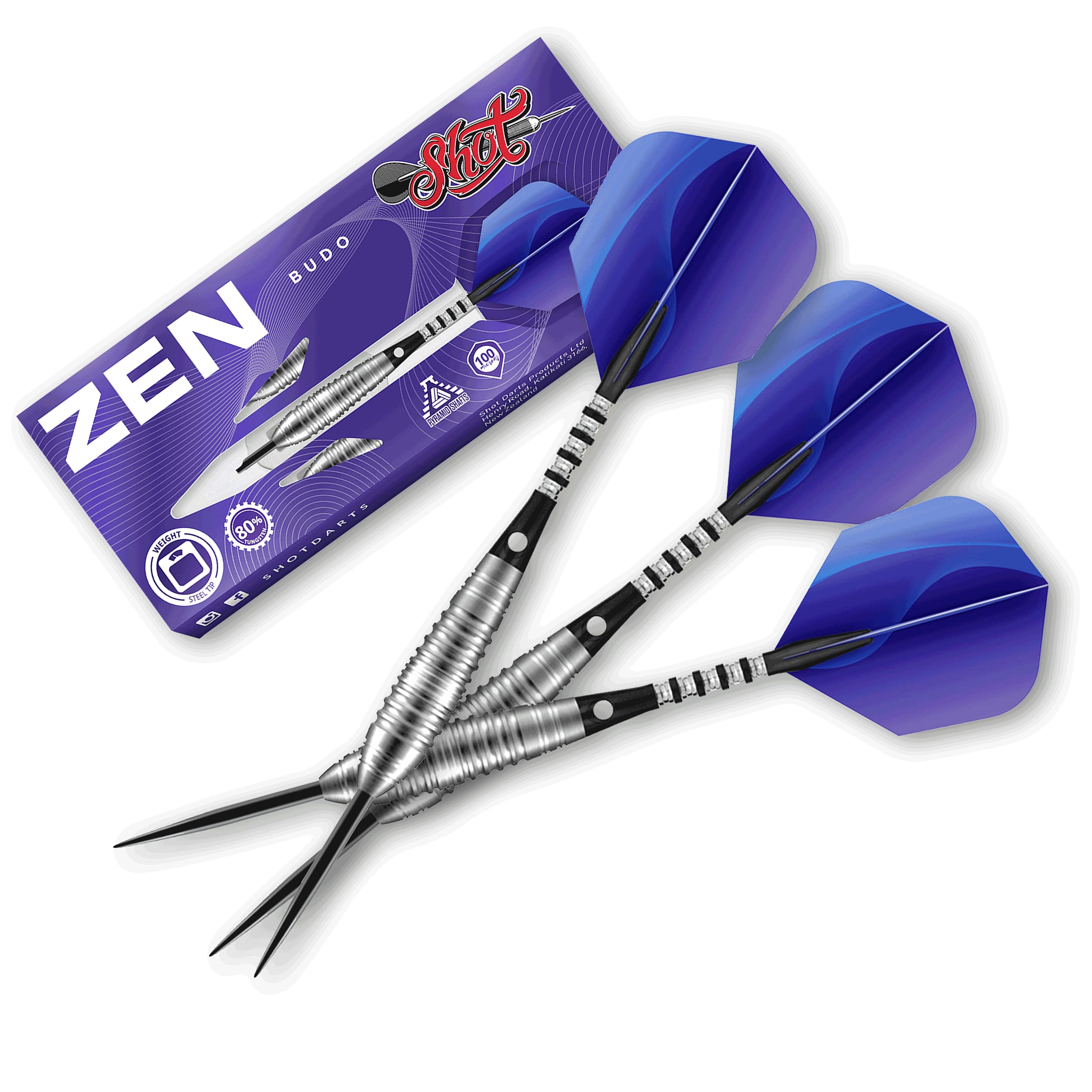 Shot! Darts Zen Budo 80% Tungsten Pro Throwing Darts Steel Tip Set, Professional - Made in New Zealand - Designed Dart Flights - Metal Tip Bar Darts