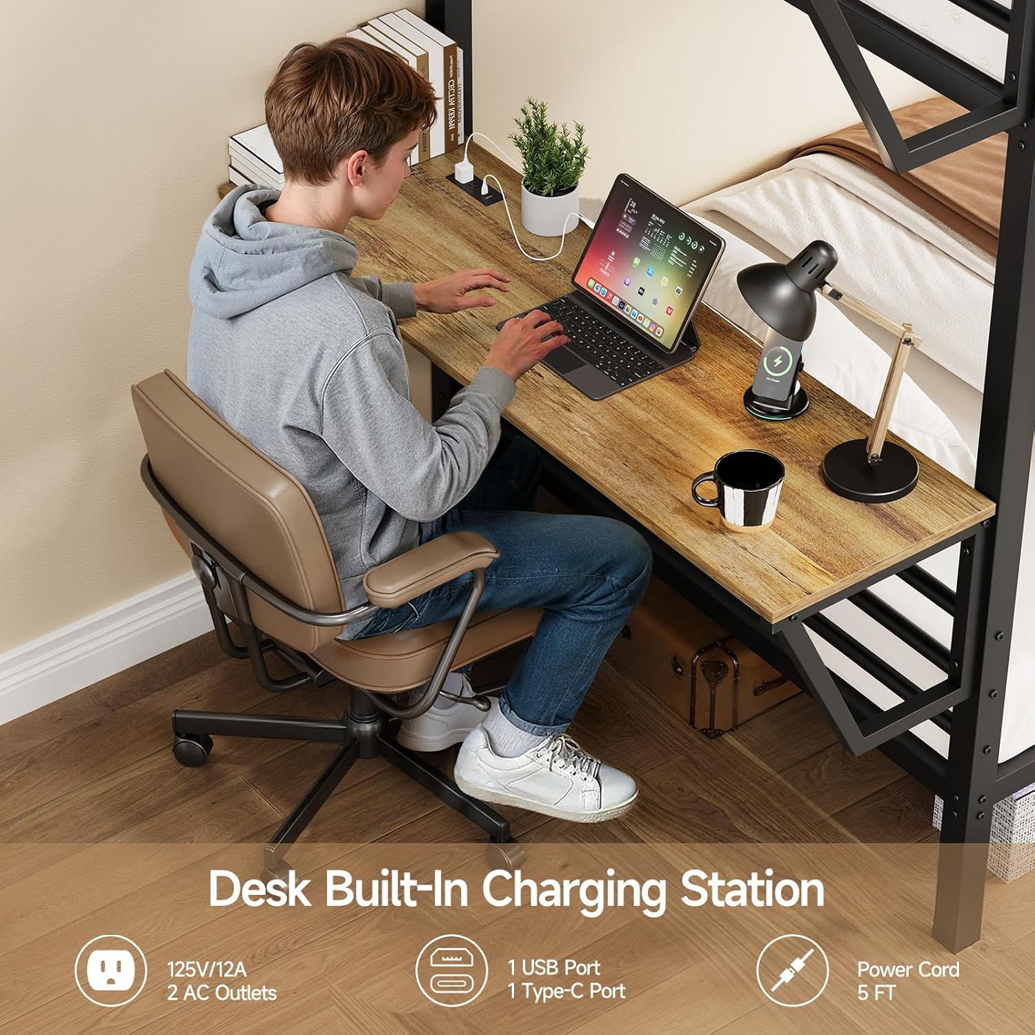 Bunk Bed Twin Over Twin, Metal Bunk Beds with Power Outlets & Desk, Heavy-Duty Bunkbeds Frame with Safety Guardrail & Ladders, Upper Bed with Storage Rack, No Box Spring Needed, for Juniors, Black