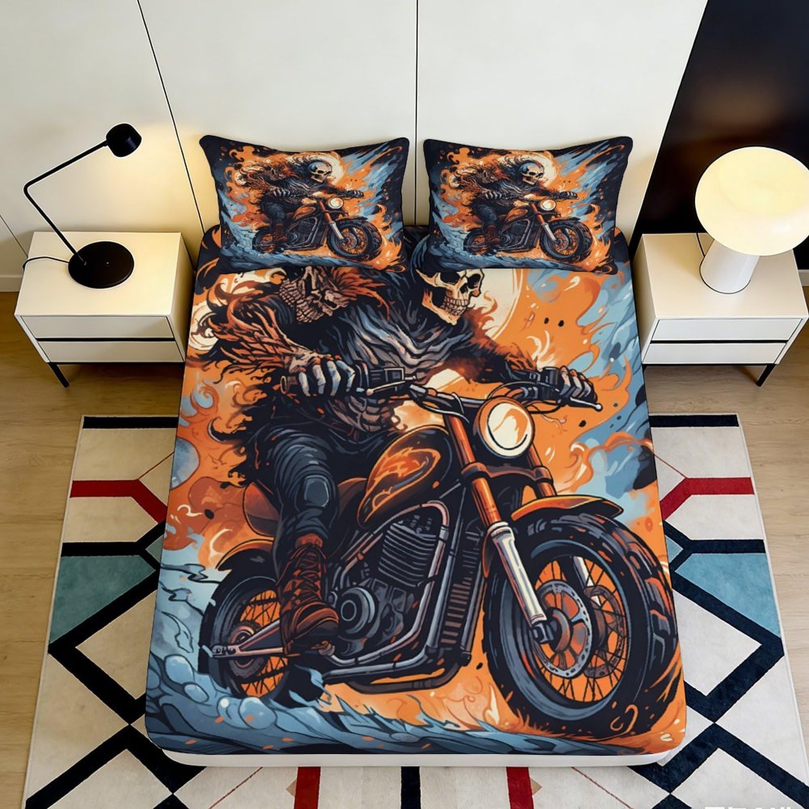3D Printed Flaming Skull Motorcycle Fitted Sheet Microfiber Orange Black Bed Cover for Bedroom Guest Room Decor 120x200x25cm