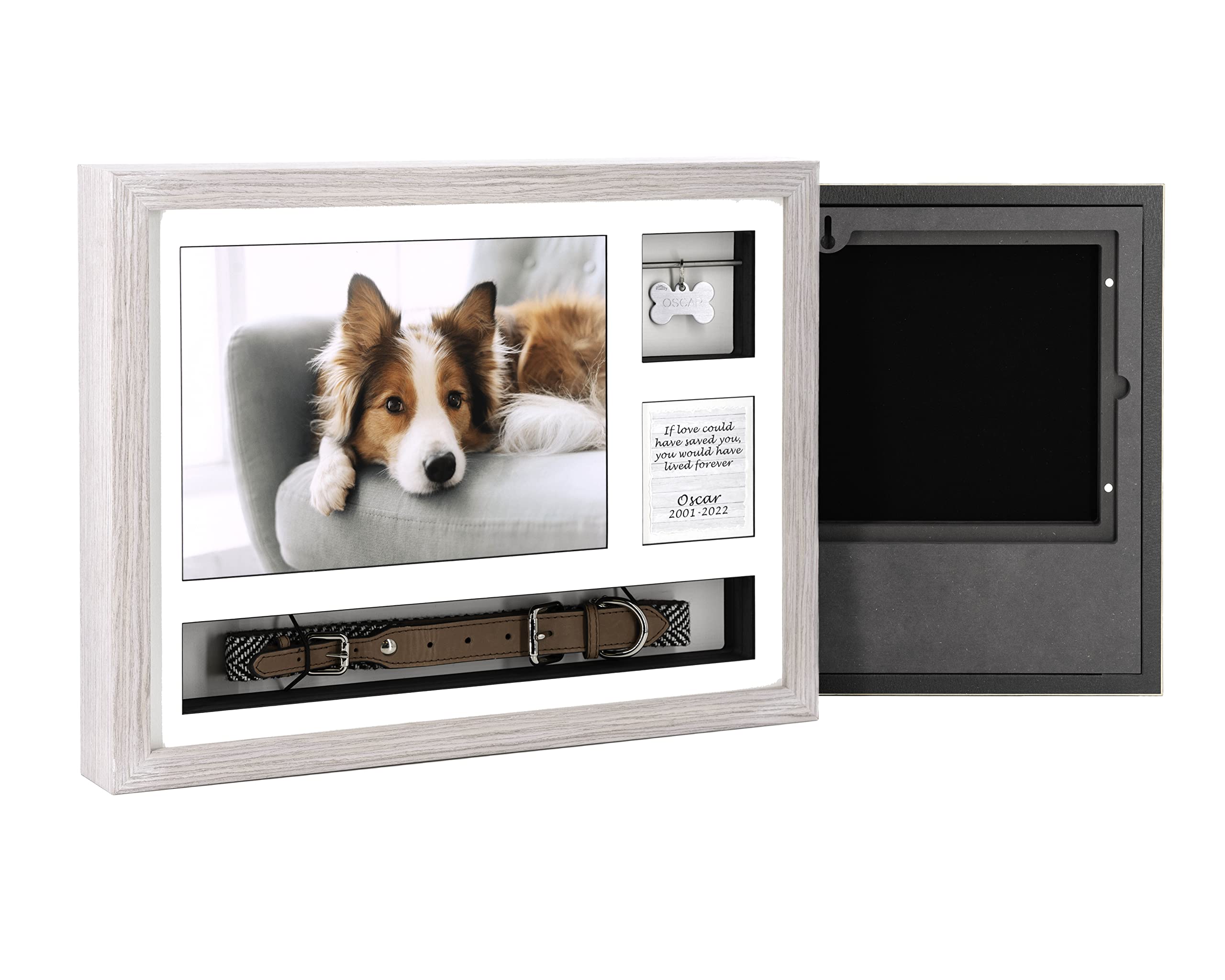 Solid Wood Pet Ashes Photo Frame Urn 16x12 – Displays Photos, Collar and Tag (Light Grey, With Standard Glass)