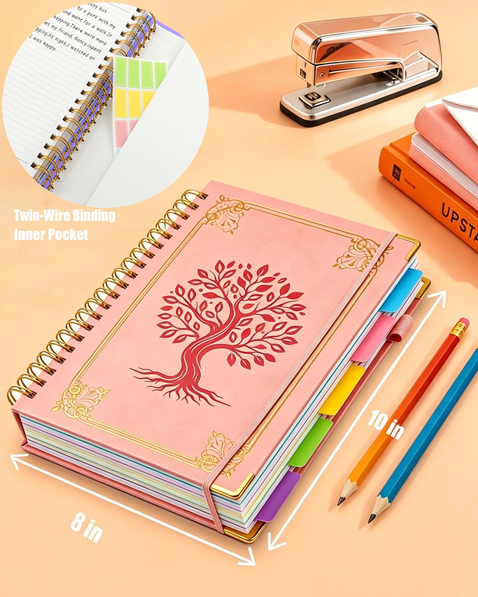 Cuaderno en espiral de tapa dura con pestañas divisoras extraíbles, 5 cuadernos de asignaturas para el trabajo, escuela, 300 páginas de 8 x 10 pulgadas, diario de cuero B5 con rayas
