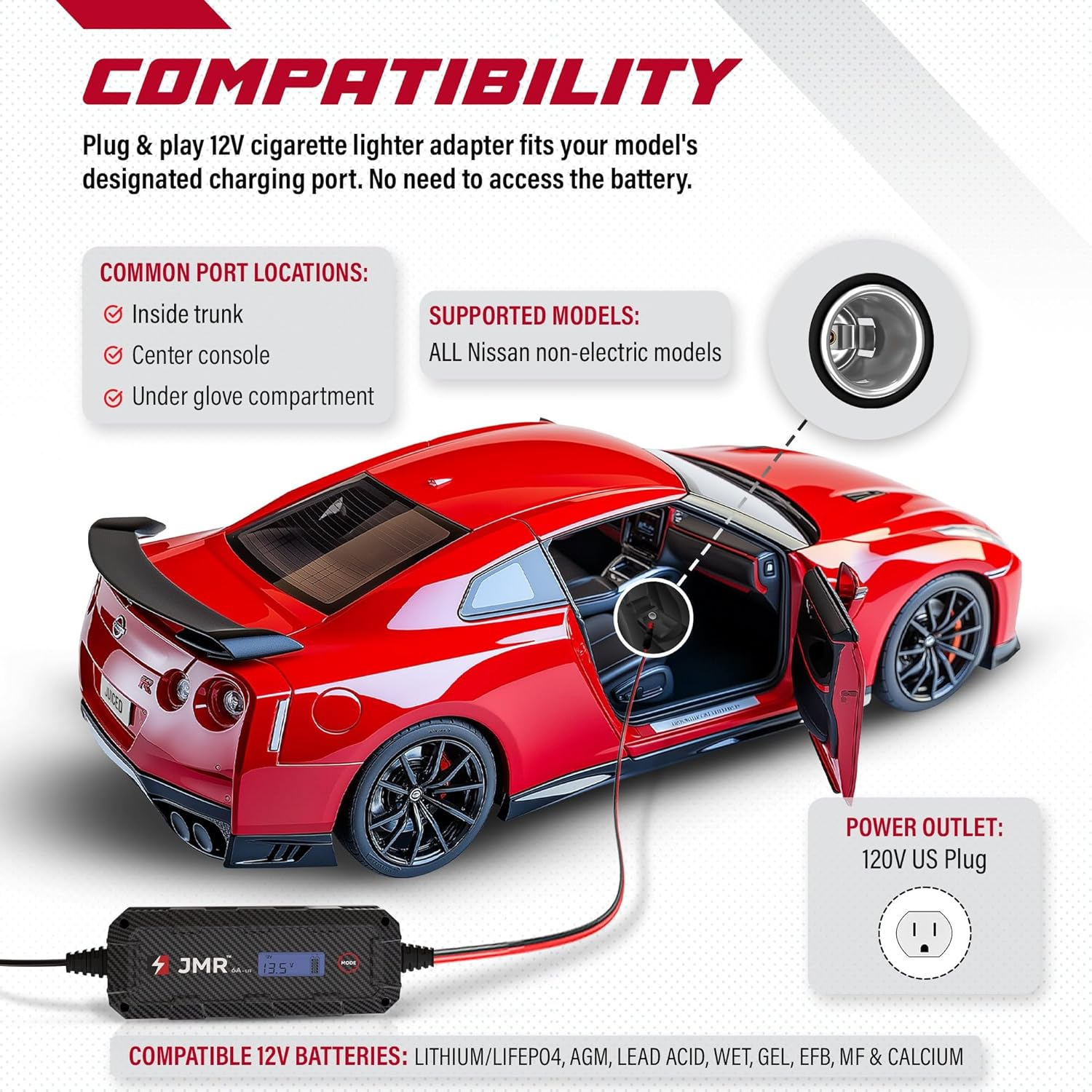 JMR Battery Charger for Nissan GT-R Armada Titan Z 370Z Murano Pathfinder Quest NV 350Z Maxima Frontier Altima All Models Trickle Charger Conditioner Maintainer (Add Lithium Mode)