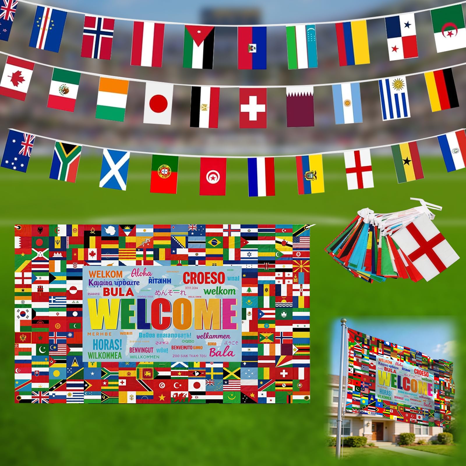 2Pack 2026 World Foot ball Cup Flags Bunting,48 Countries String Flag International Welcome Flag 59 × 35Inch Backdrop International Welcome Banner Decoration Sports Events